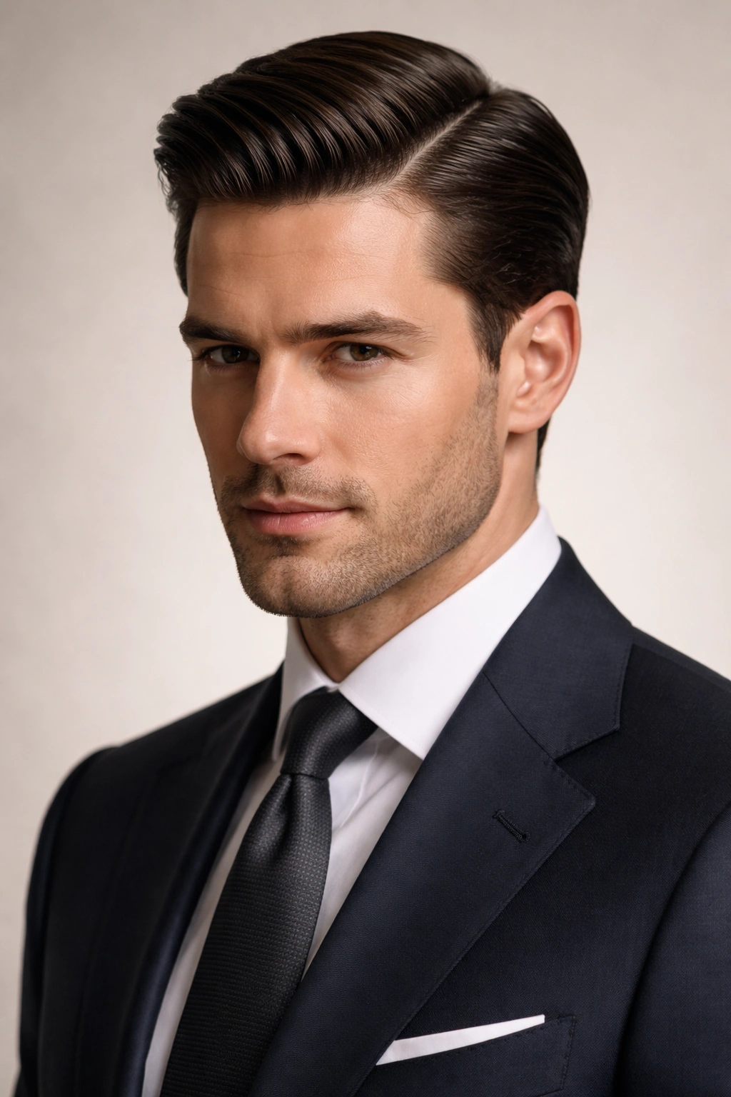 Close-up portrait of a person with a precise off-center side part and sleek hair.