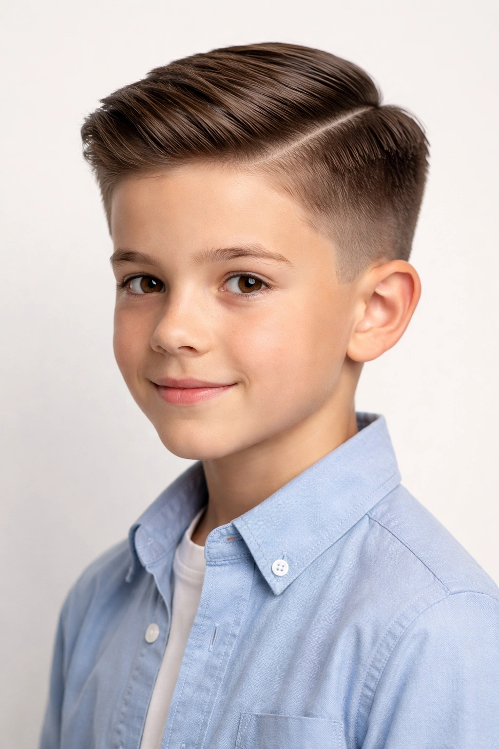 Portrait of a boy with a side-parted hairstyle and tapered sides.