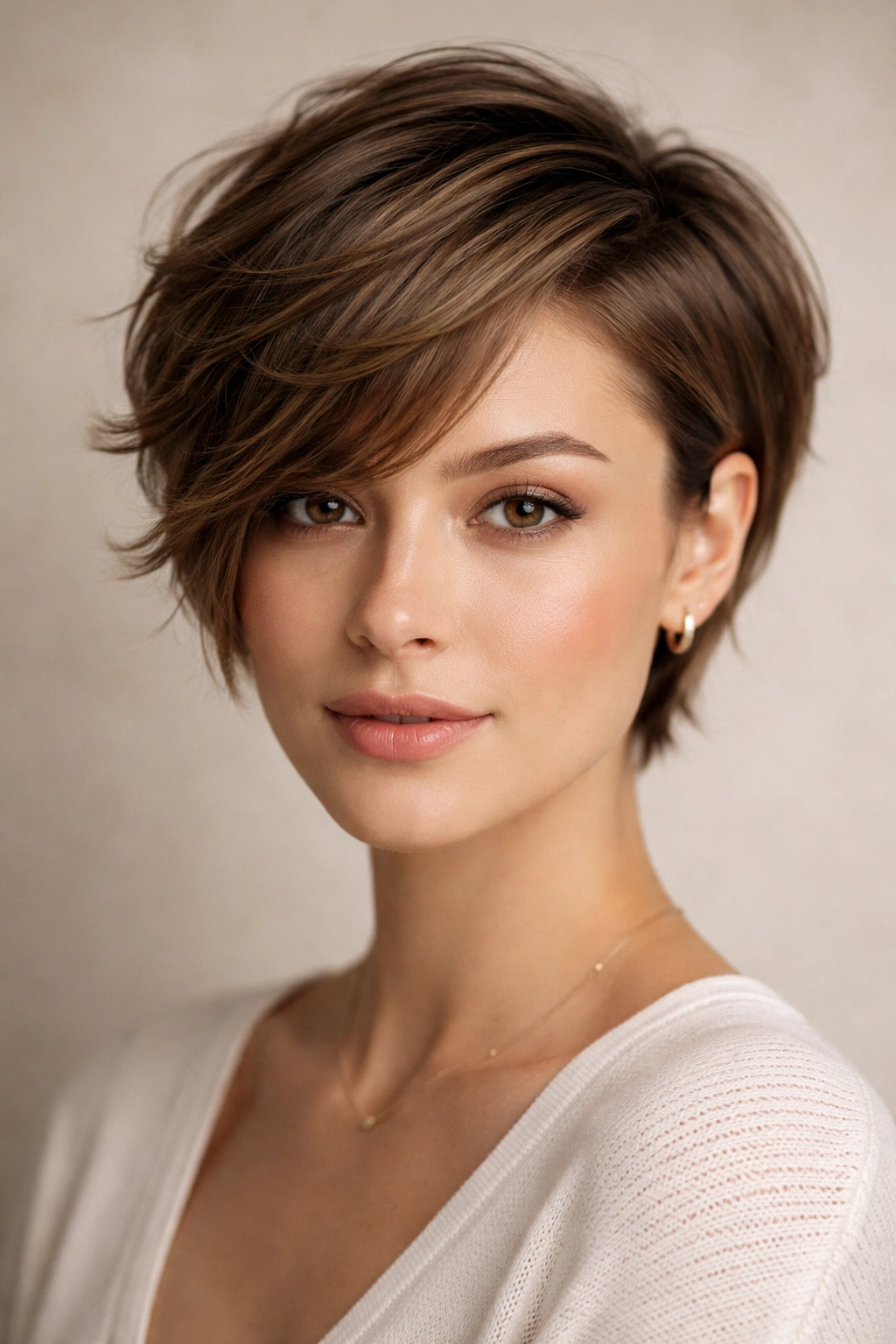 15 Short Haircuts That Look Great On An Oval Face 14 Model with deep side-parted short textured cut, emphasizing off-center frame on an oval face.