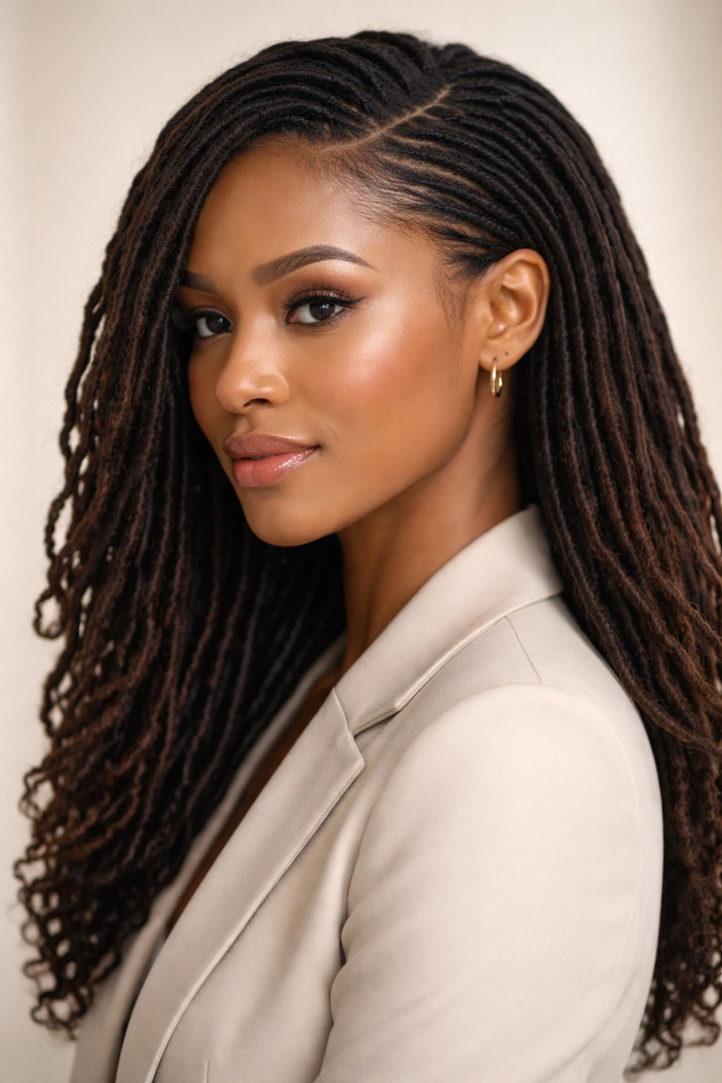 Deep side part with tucked-in locs behind the ear in a clean setup