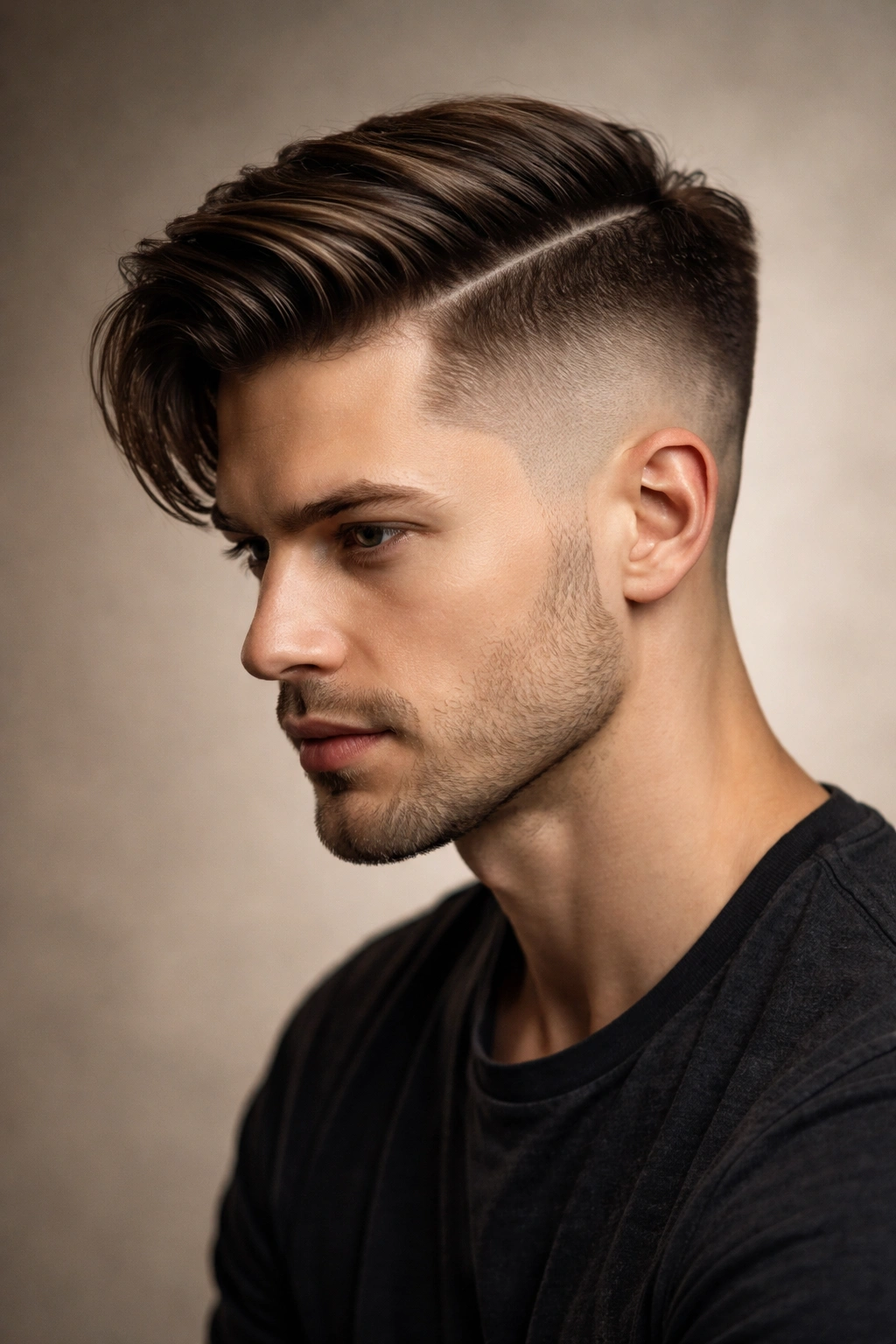 Side-parted hairstyle with undercut creating dramatic contrast