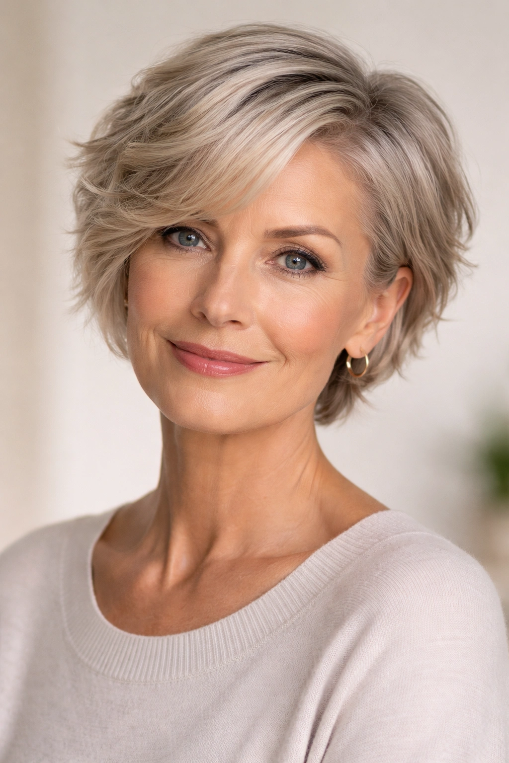 Close-up of a modern short hairstyle with side part and tuck behind ear
