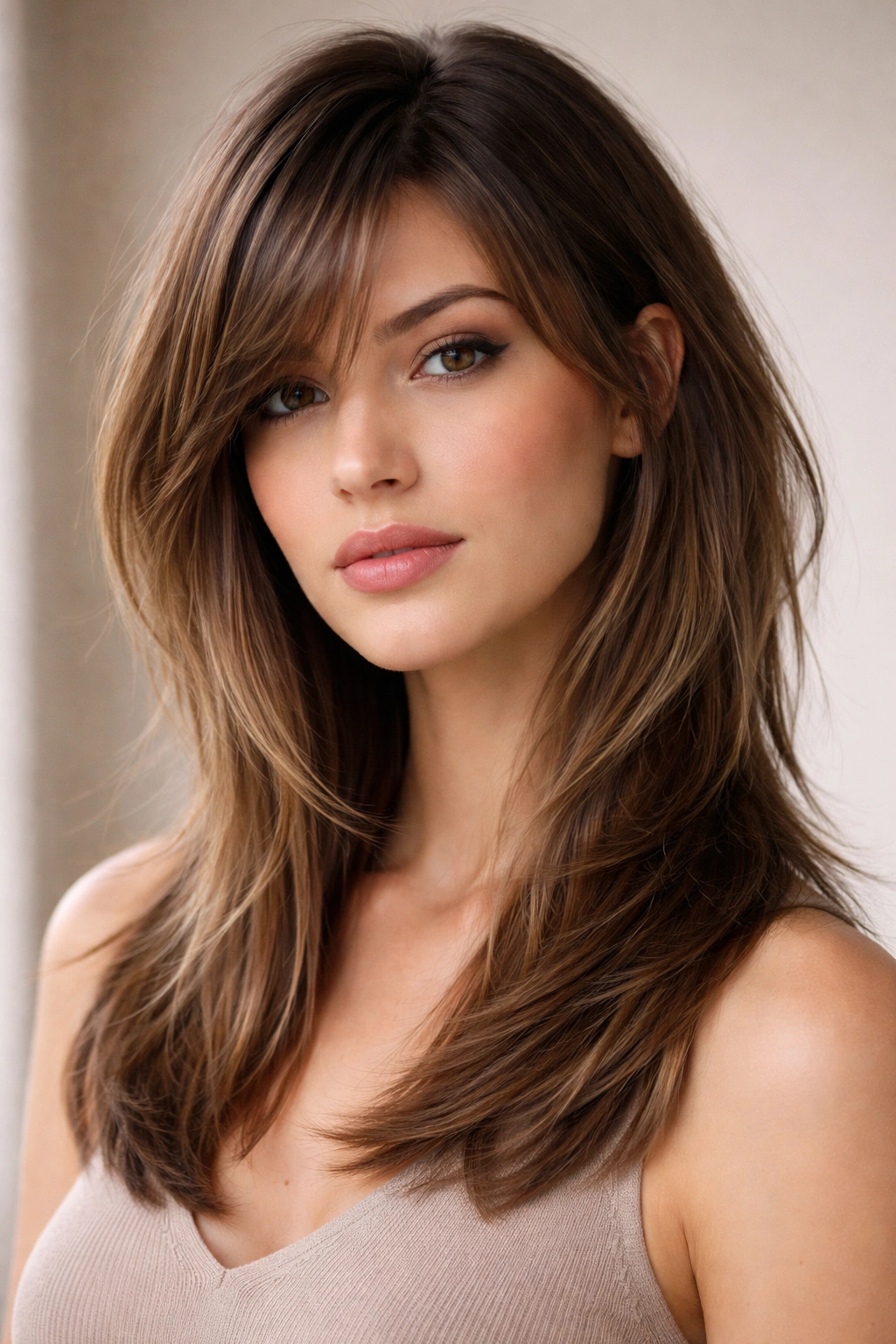 20 Medium Hairstyles With Bangs For Any Face 17 Portrait of side-parted bangs with asymmetrical layers
