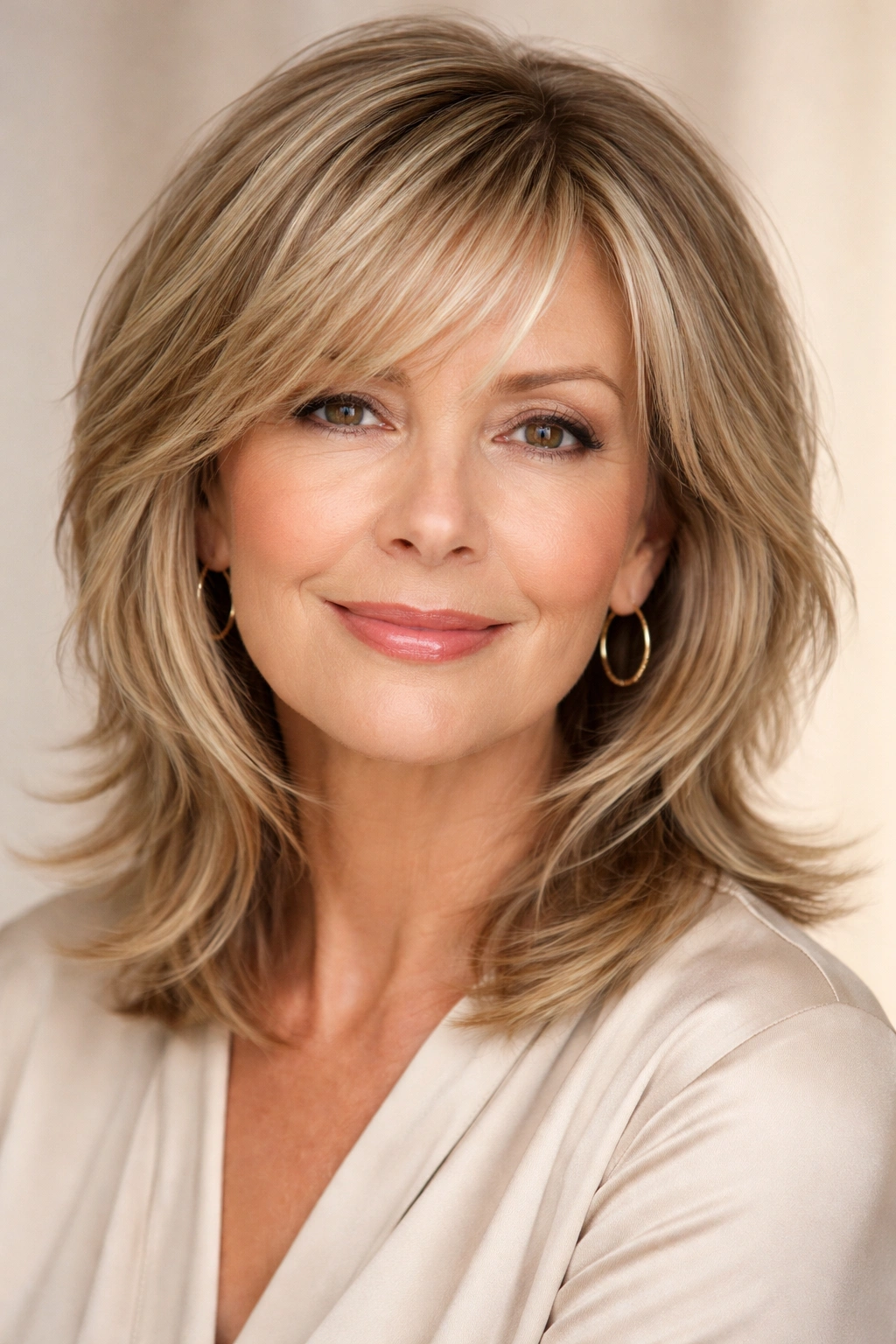 Older woman with side-parted bangs and choppy layers; portrait