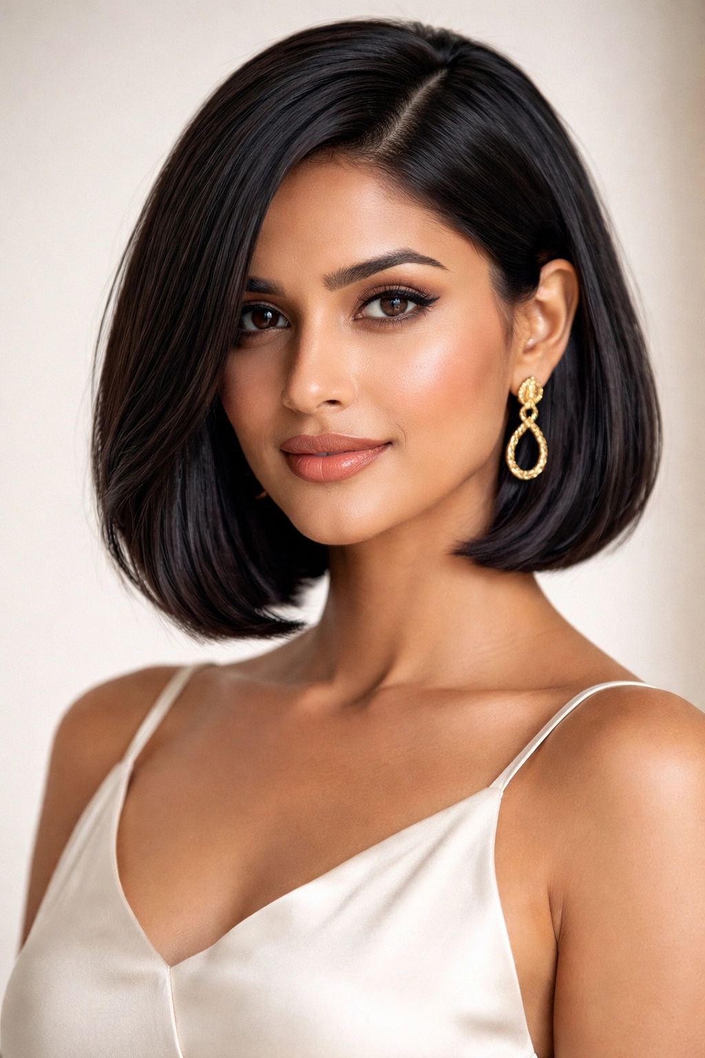 Portrait of a woman with a side-parted blunt bob