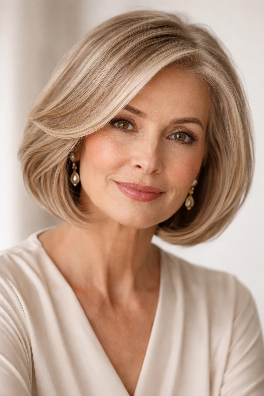 20 Haircuts For Women Over 60 By Face Shape 13 Close-up of a sophisticated side-parted bob on an oval-face silhouette with a deep part.