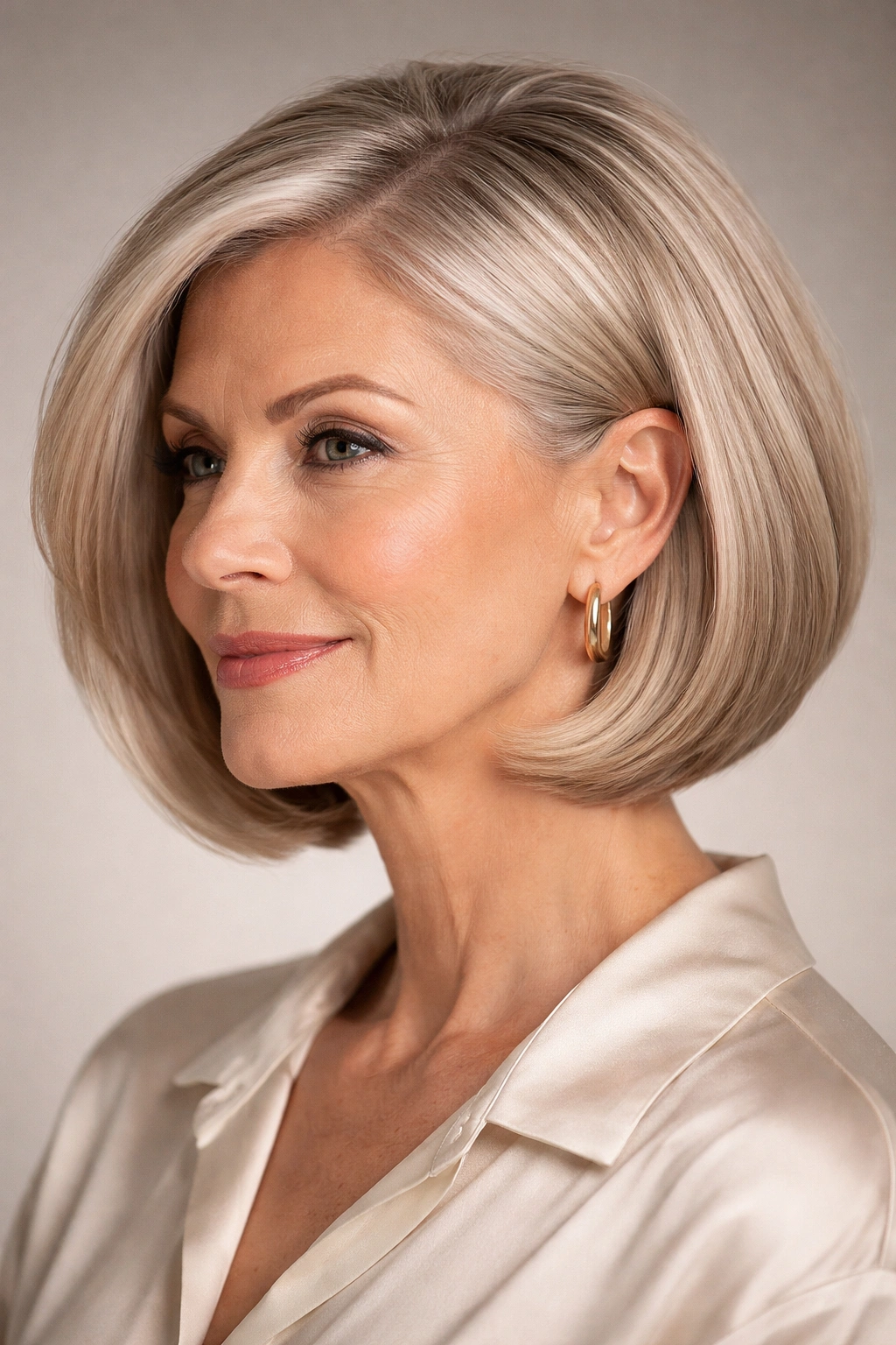Close-up of side-parted bob with tucked-under ends highlighting jawline and crown