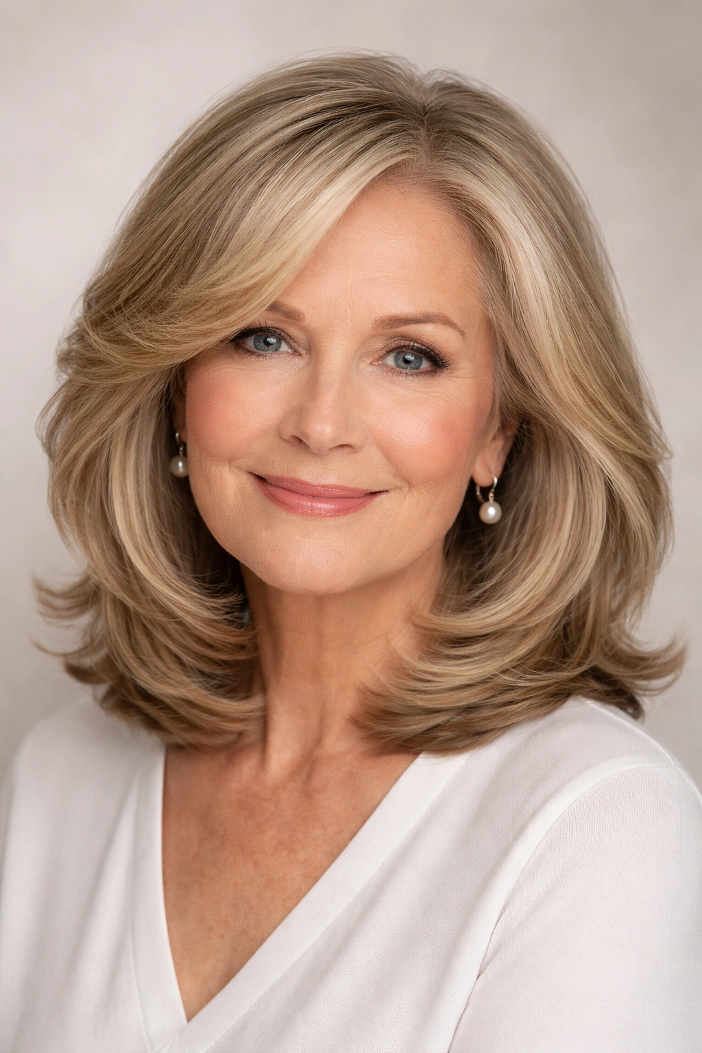 Close-up of side-parted shoulder-length layered hairstyle with soft waves and face-framing layers.