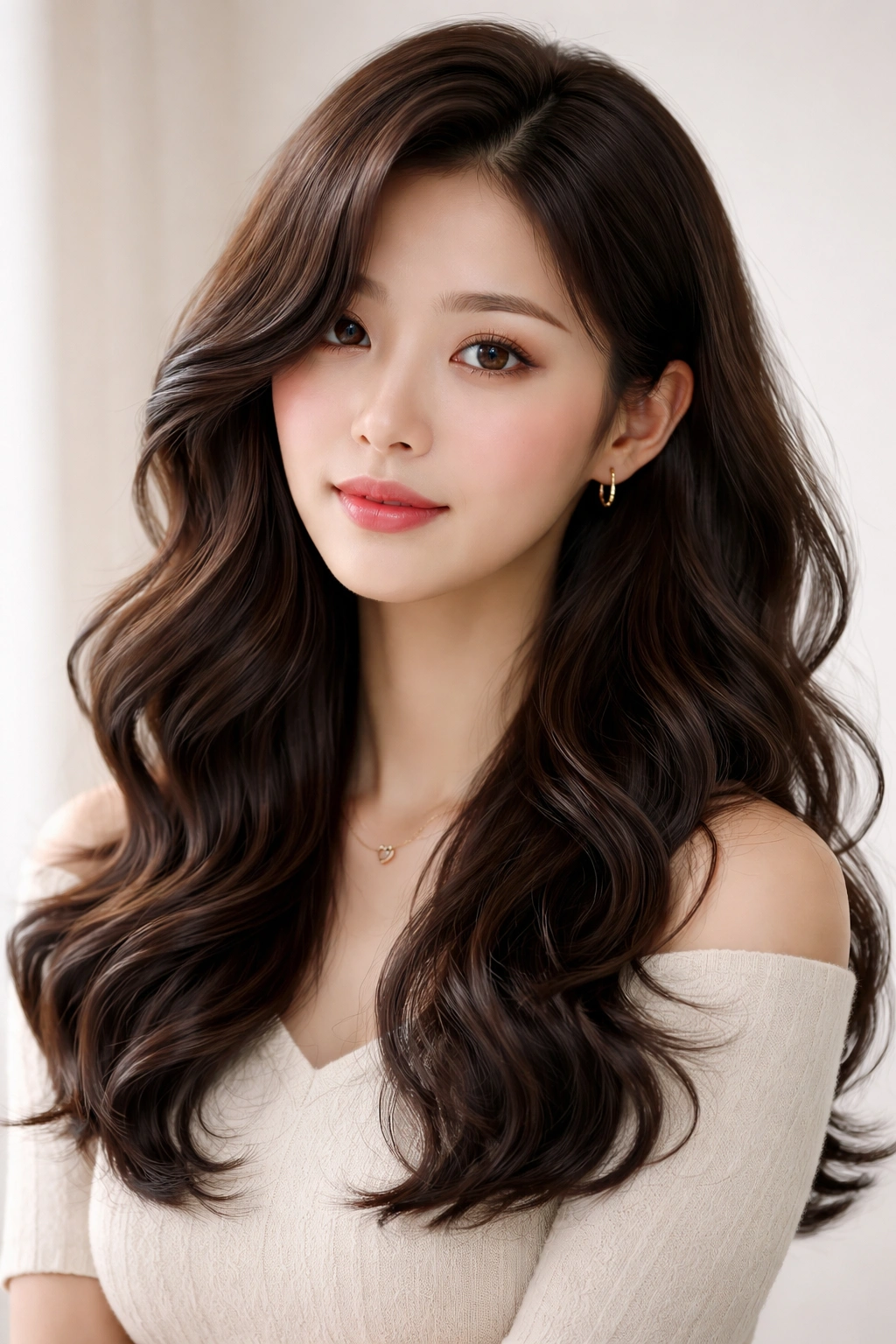 Model with side-parted perm waves creating volume around the head