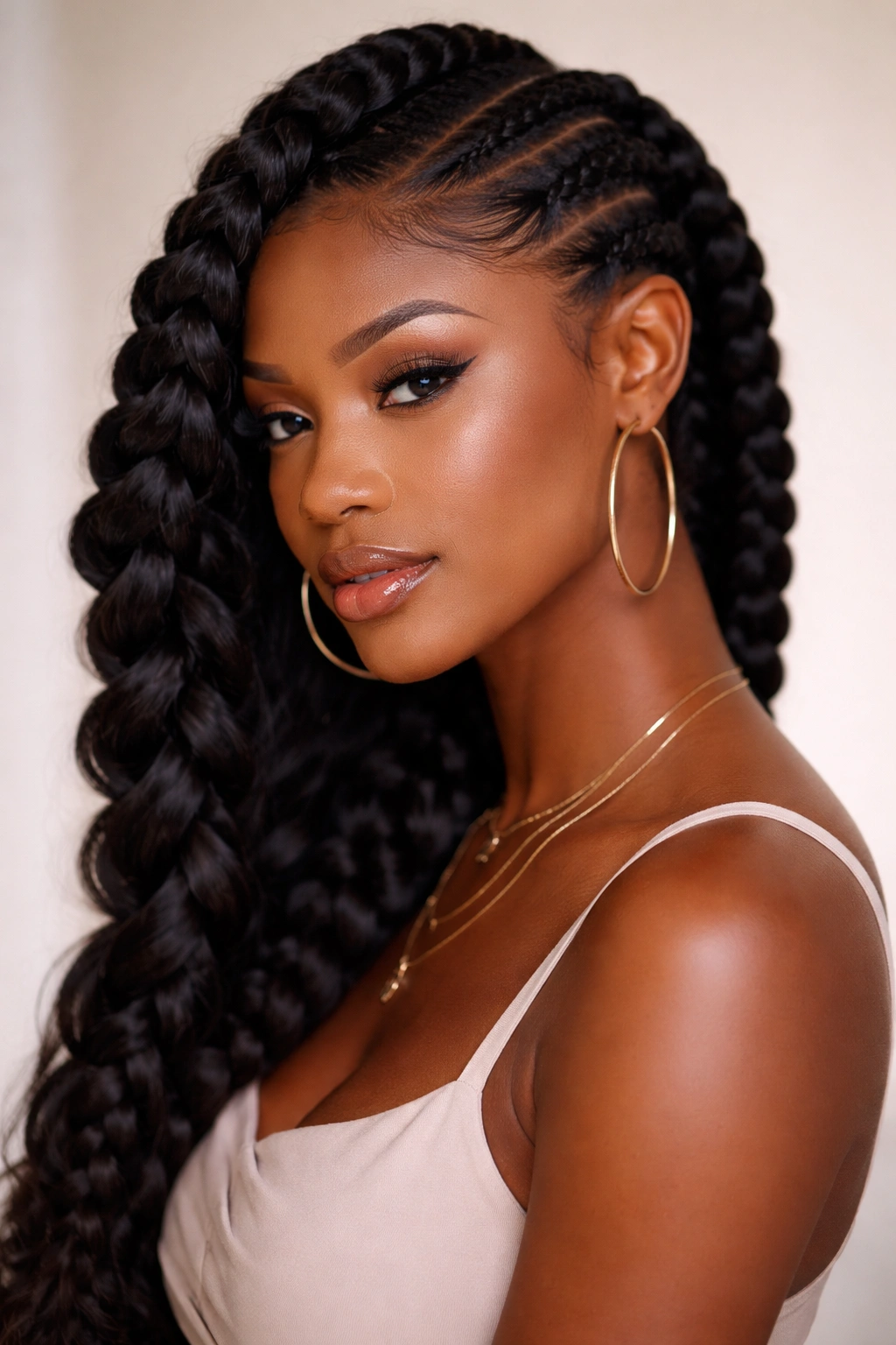 10 Two Braid Natural Styles Black Women Love 10 Portrait of a woman with two sculptural side-parted braids and dramatic volume