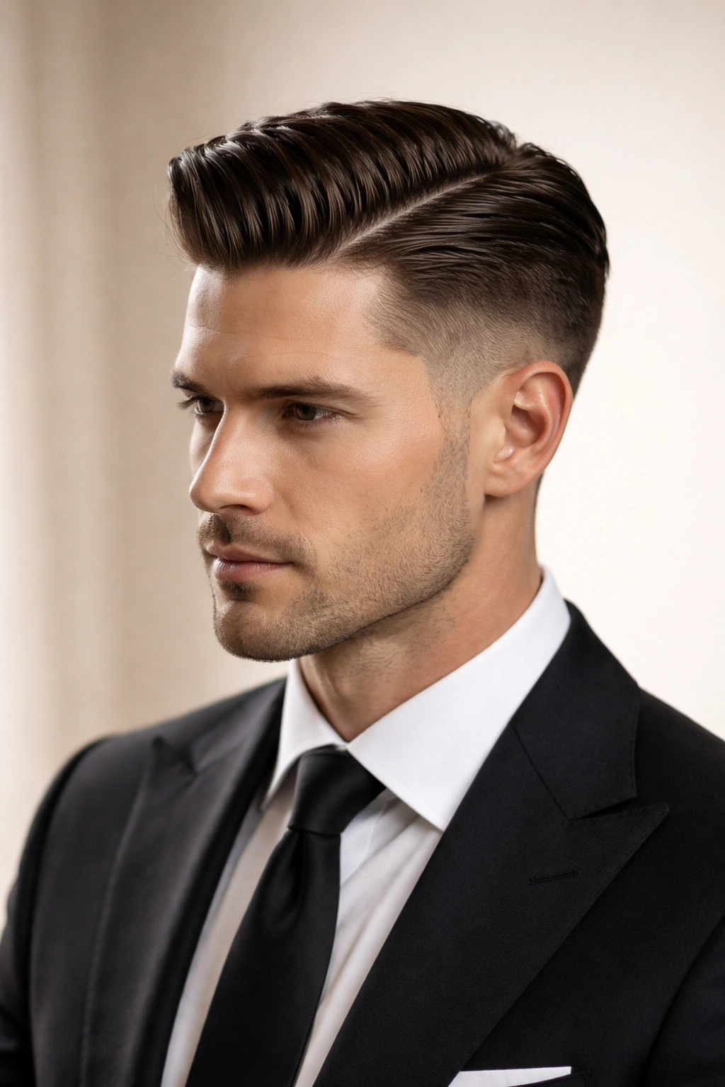 Side-parted slicked pompadour with defined part and sharp fade
