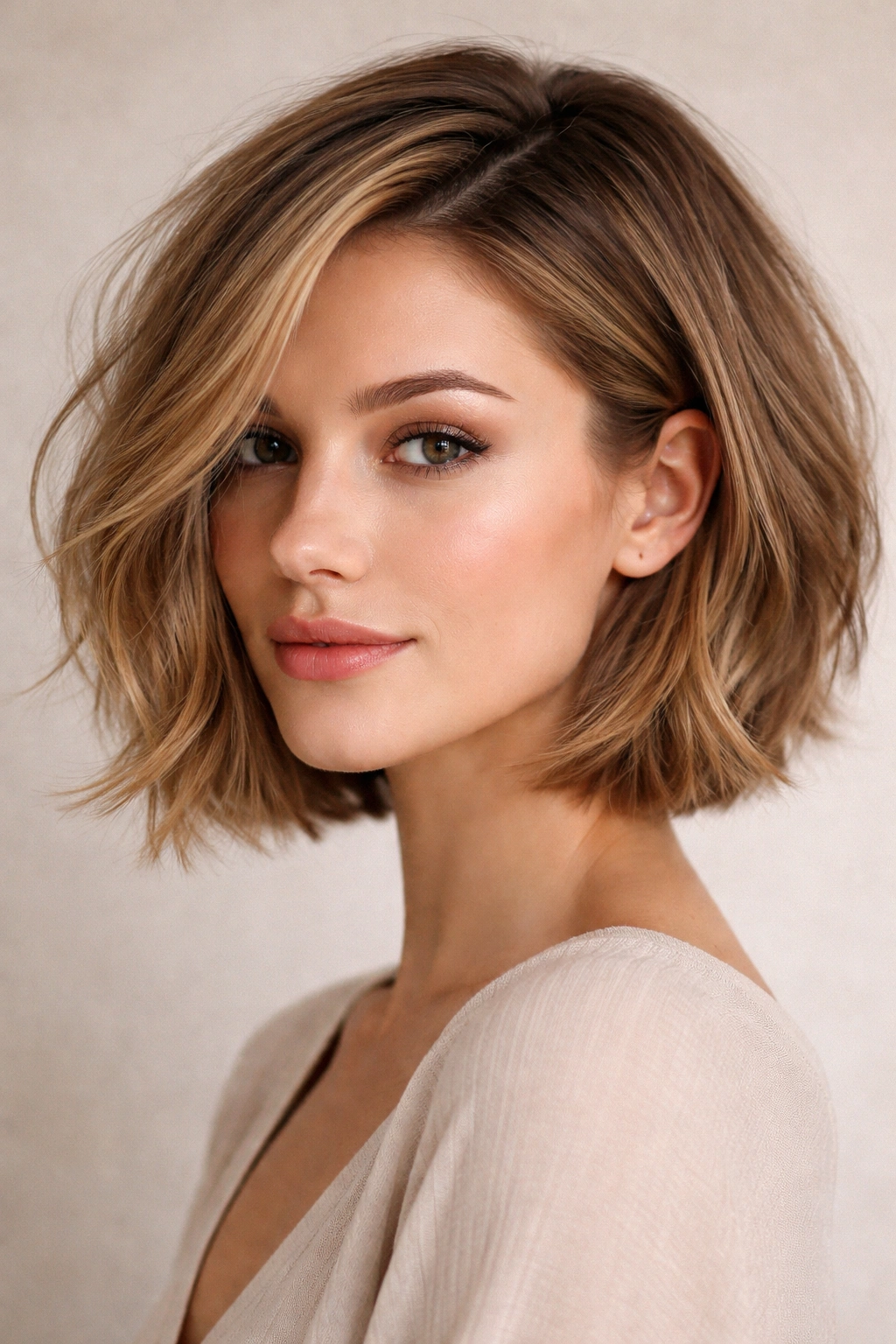 15 Haircuts Designed For Long And Narrow Faces 1 Side-Parted Textured Bob close-up showing deep side part and jawline-length layering
