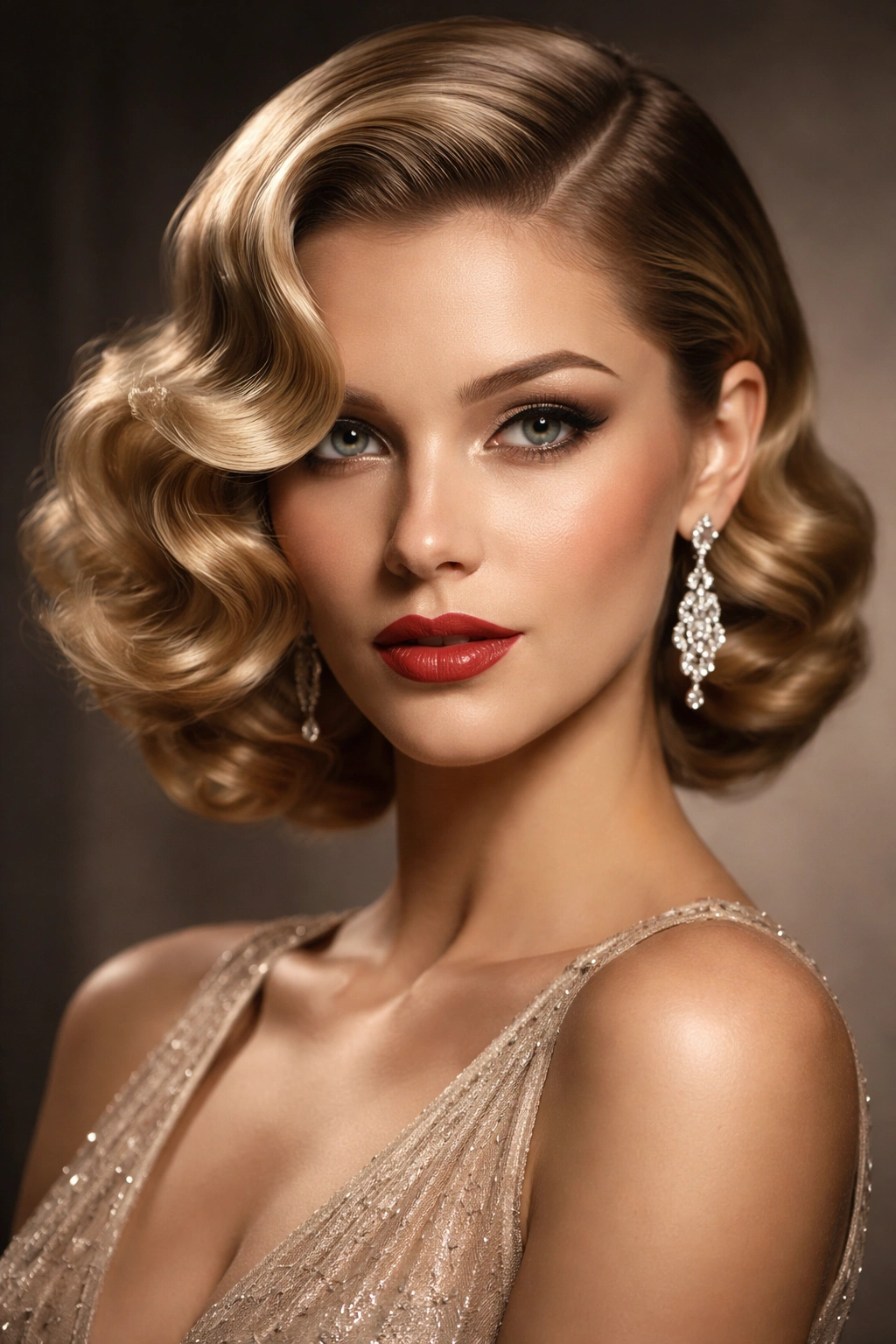 Portrait of a woman with deep side part and sculpted side waves
