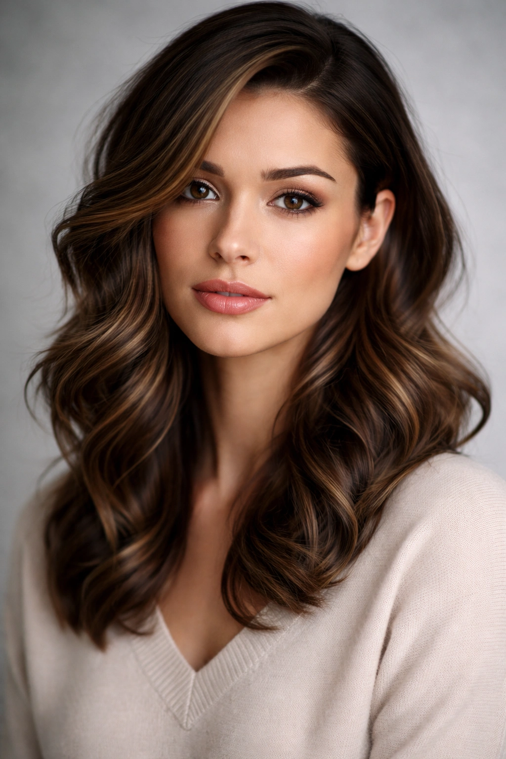 Close-up of side-parted waves with an asymmetrical length on a neutral backdrop.