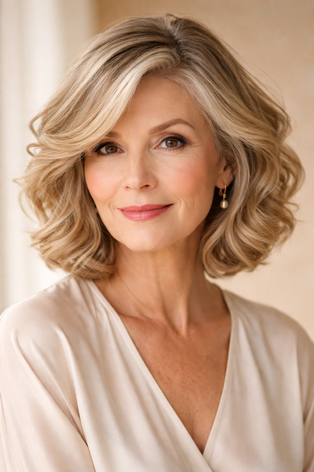 Side-parted wavy bob in sandy blonde with breezy waves