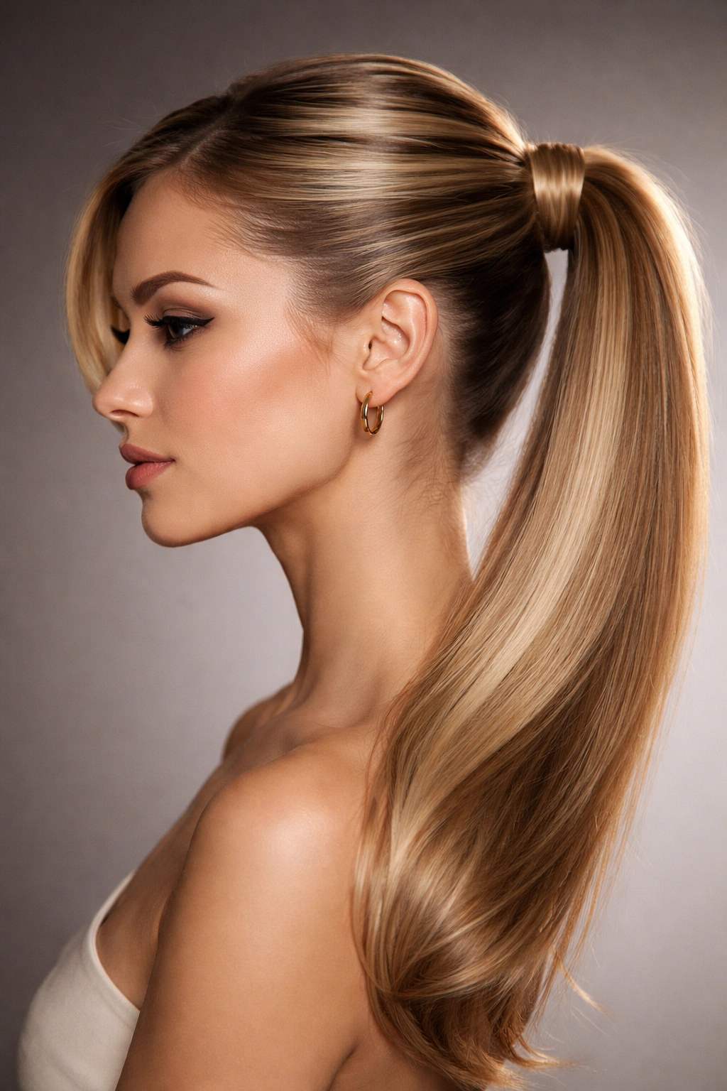 Side view of a person with a sleek, side-swept ponytail.
