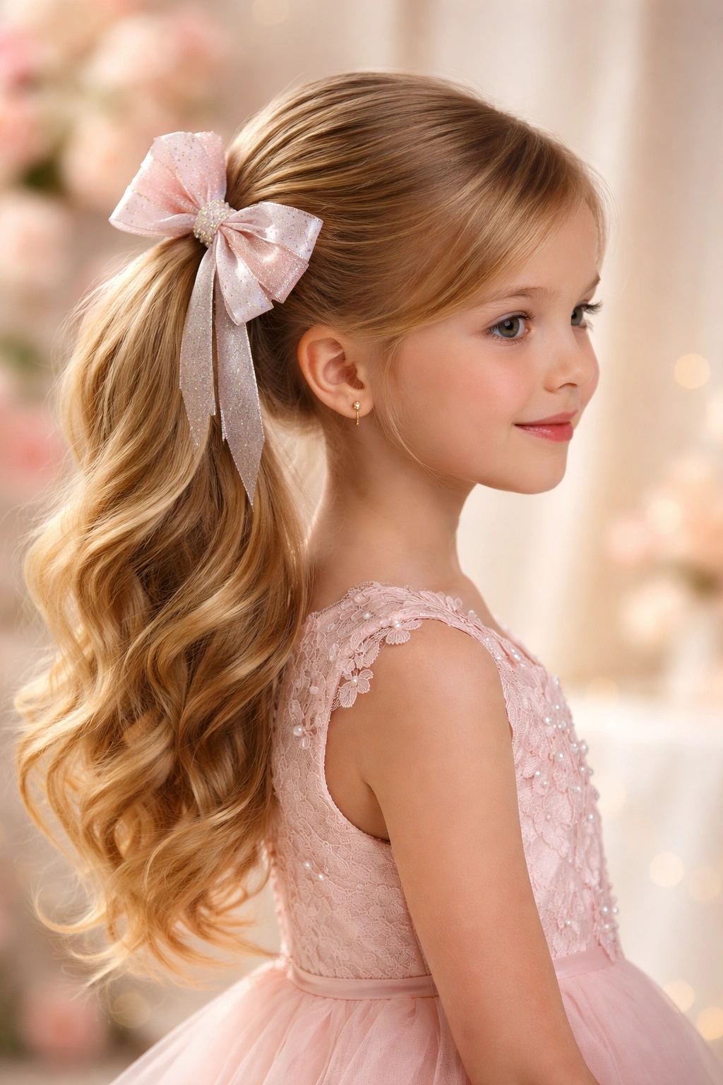 Close-up of a side ponytail with a large bow on a birthday girl, high elegant ponytail