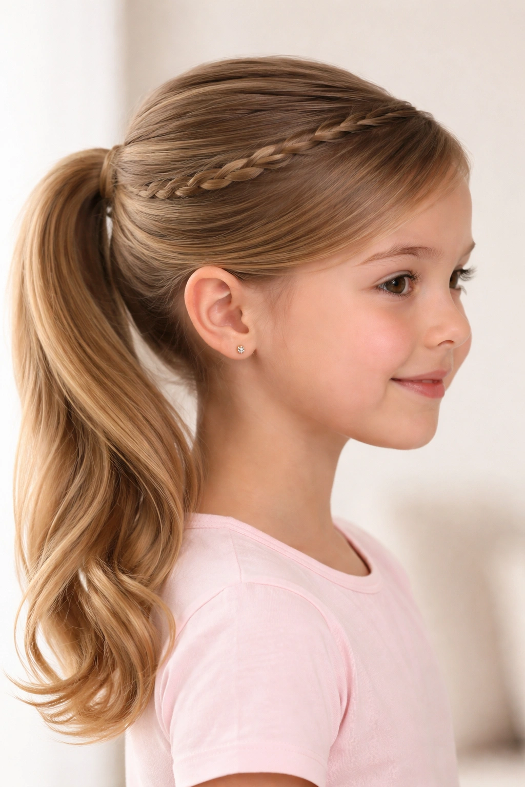 Profile view of a side ponytail with a small braid near the part