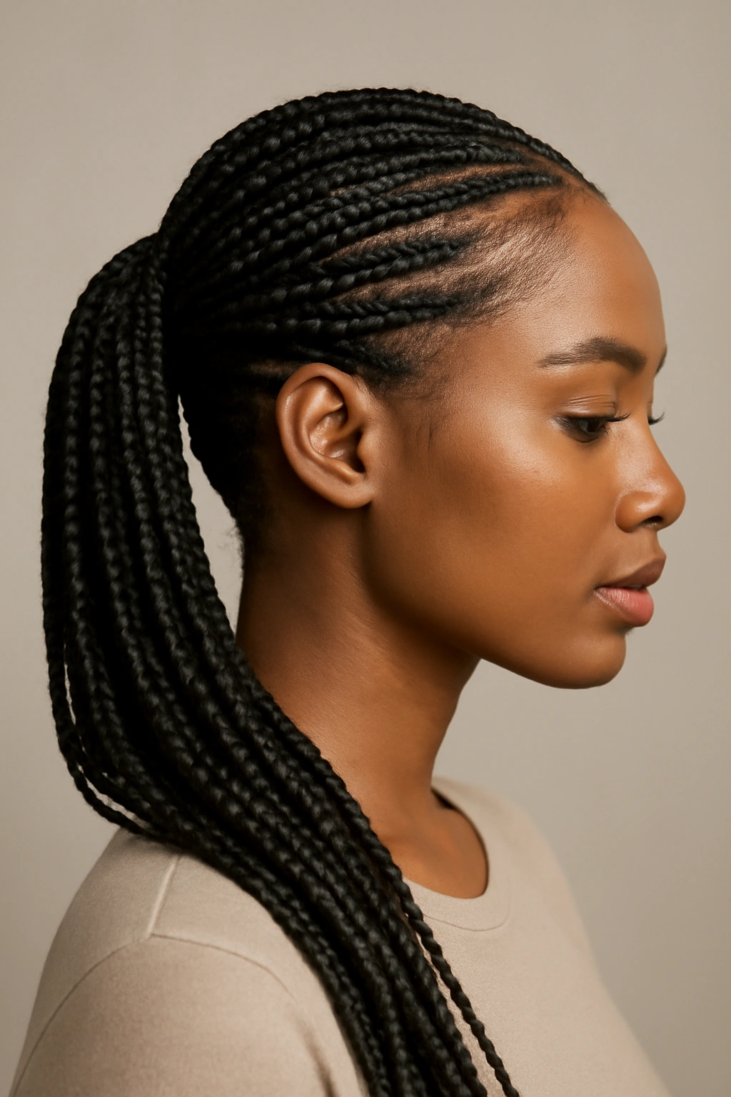 Low side ponytail of box braids with wrap-around elastic