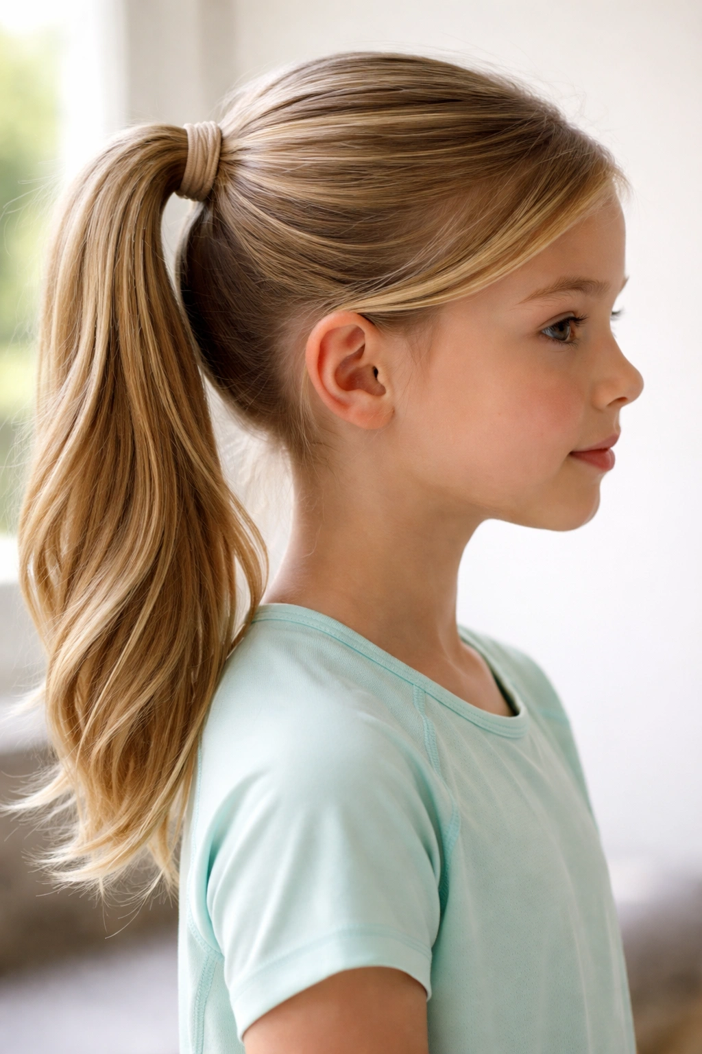 Close-up of a side ponytail secured with an elastic and wrap-around band