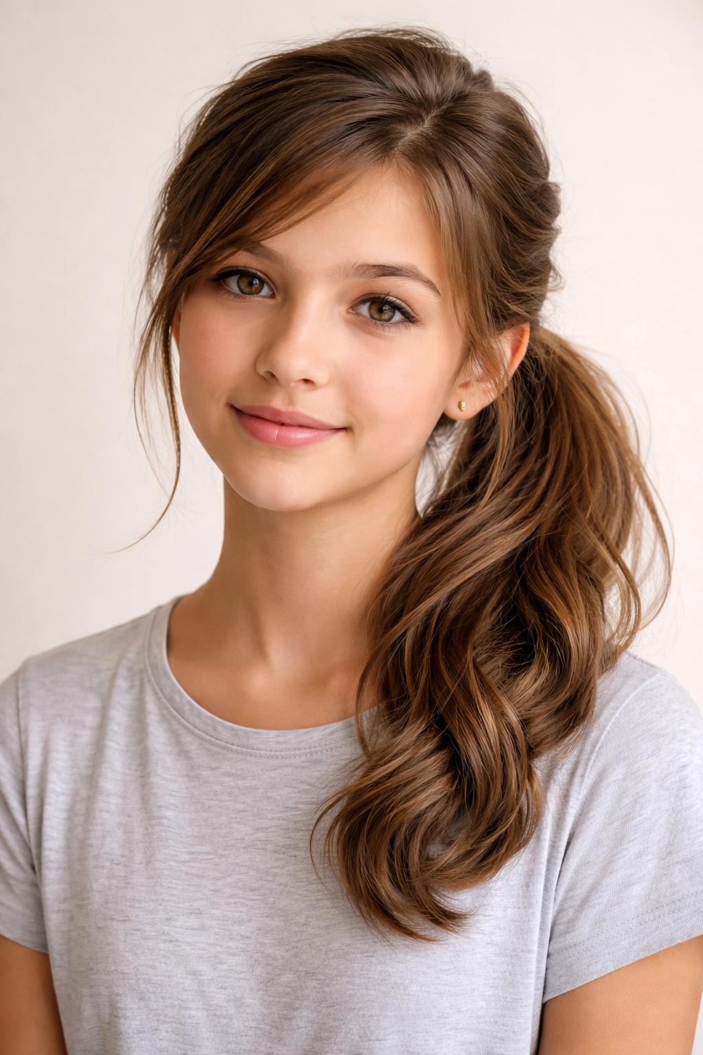 Side ponytail gathered to one side with crown volume