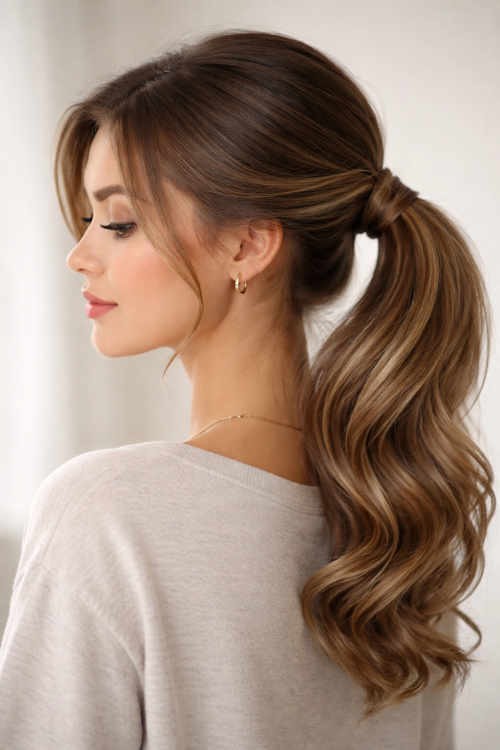 Side ponytail with twist featuring wrapped section around elastic