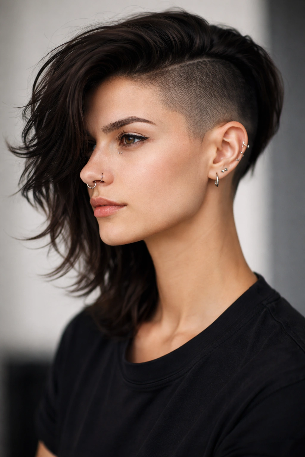 Portrait of a person with a shaved side and a longer opposite side