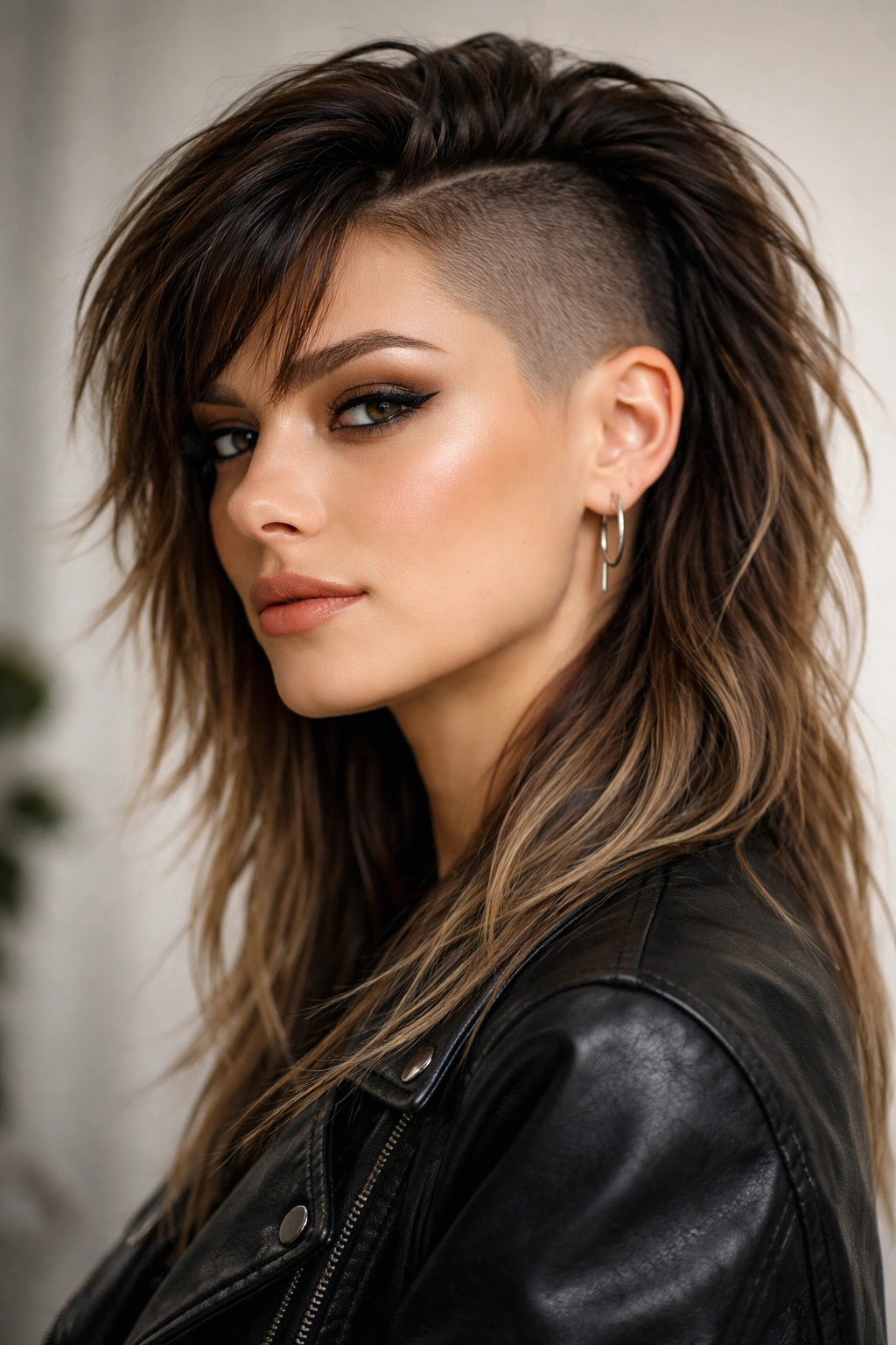 Portrait of mullet with side shave featuring shaved side and long opposite side