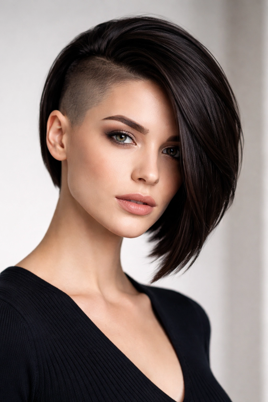 Side-shaved asymmetrical bob with shaved side and longer opposite side