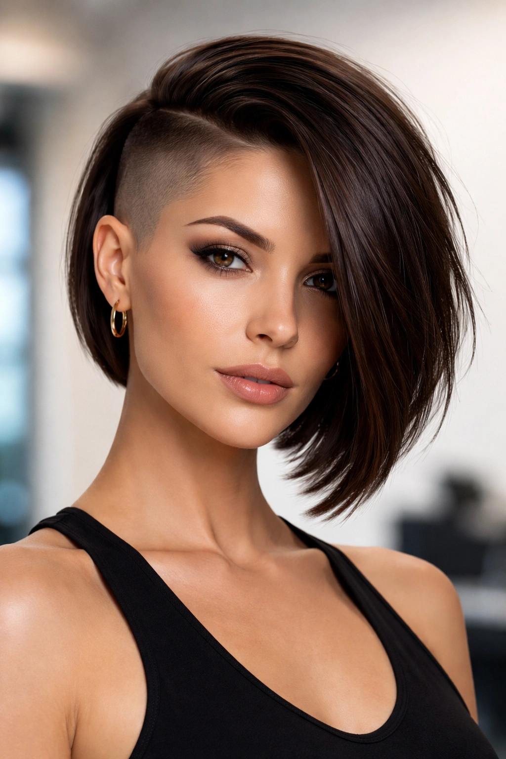 Side-shaved bob with longer top shown from a three-quarter view