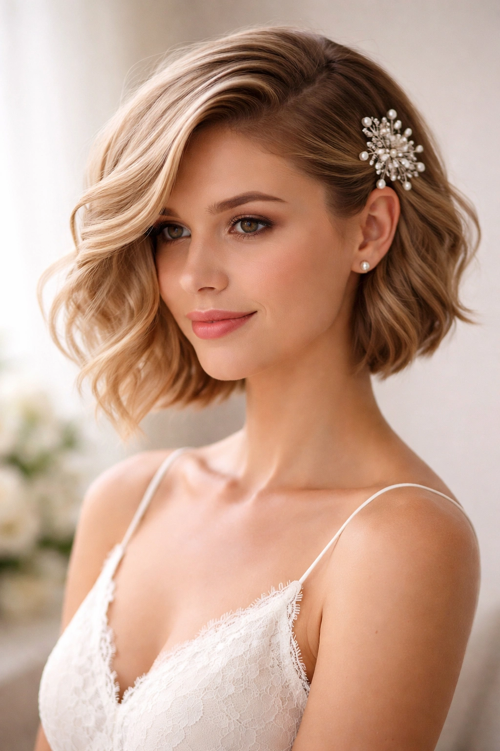 Side-swept hairstyle with a decorative pin in a studio setting.