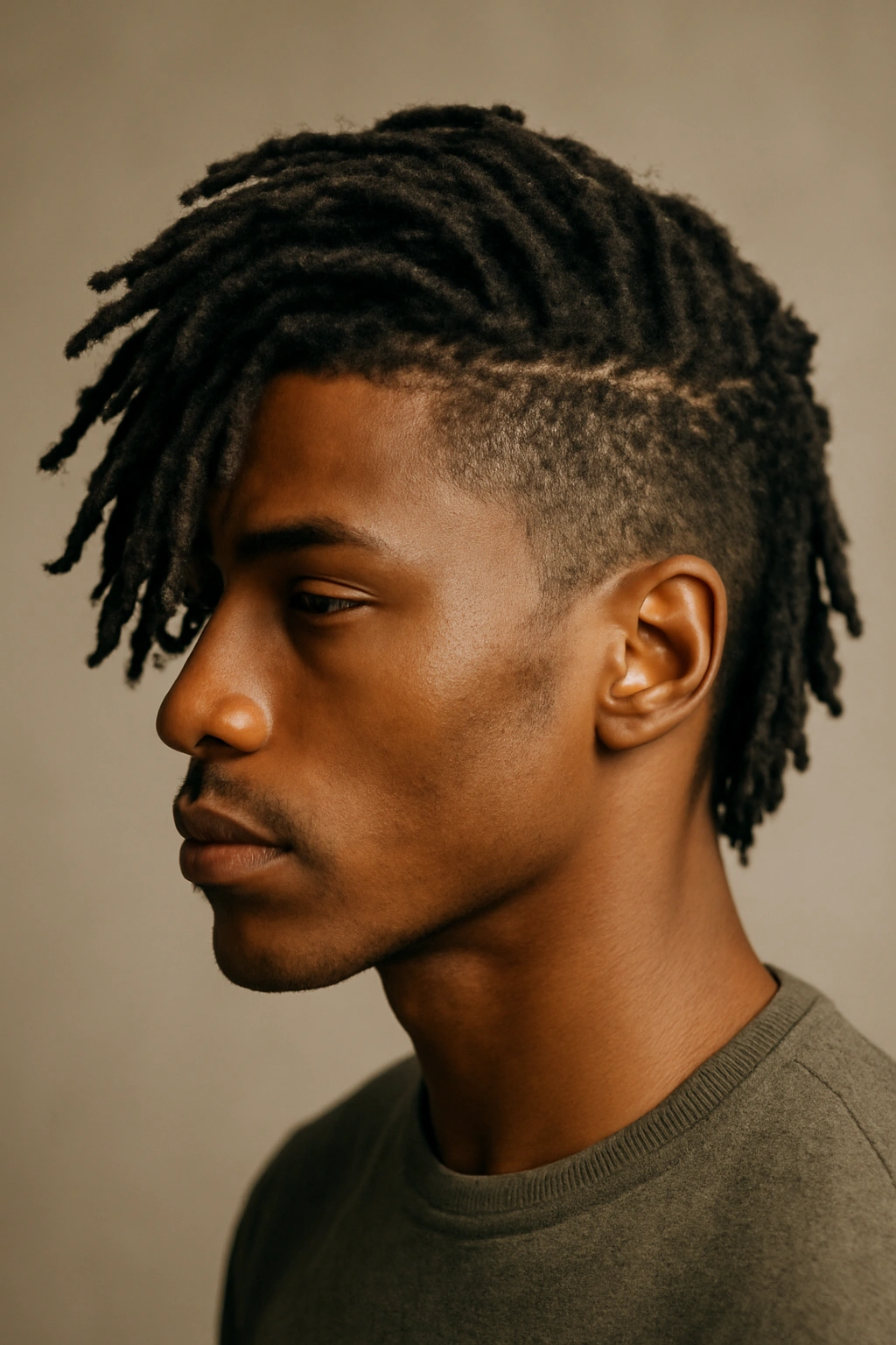 10 Hairstyles to Try If You Have Short Dreads 7 Close-up side profile of short dreadlocks swept to the side in an editorial look.