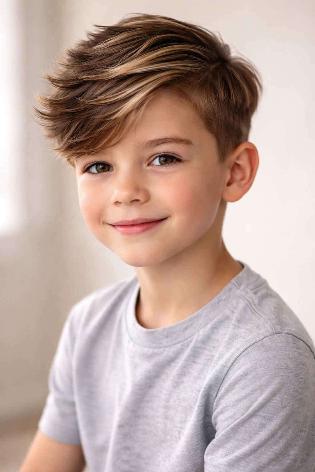 Boy with soft side sweep hairstyle and subtle highlights.