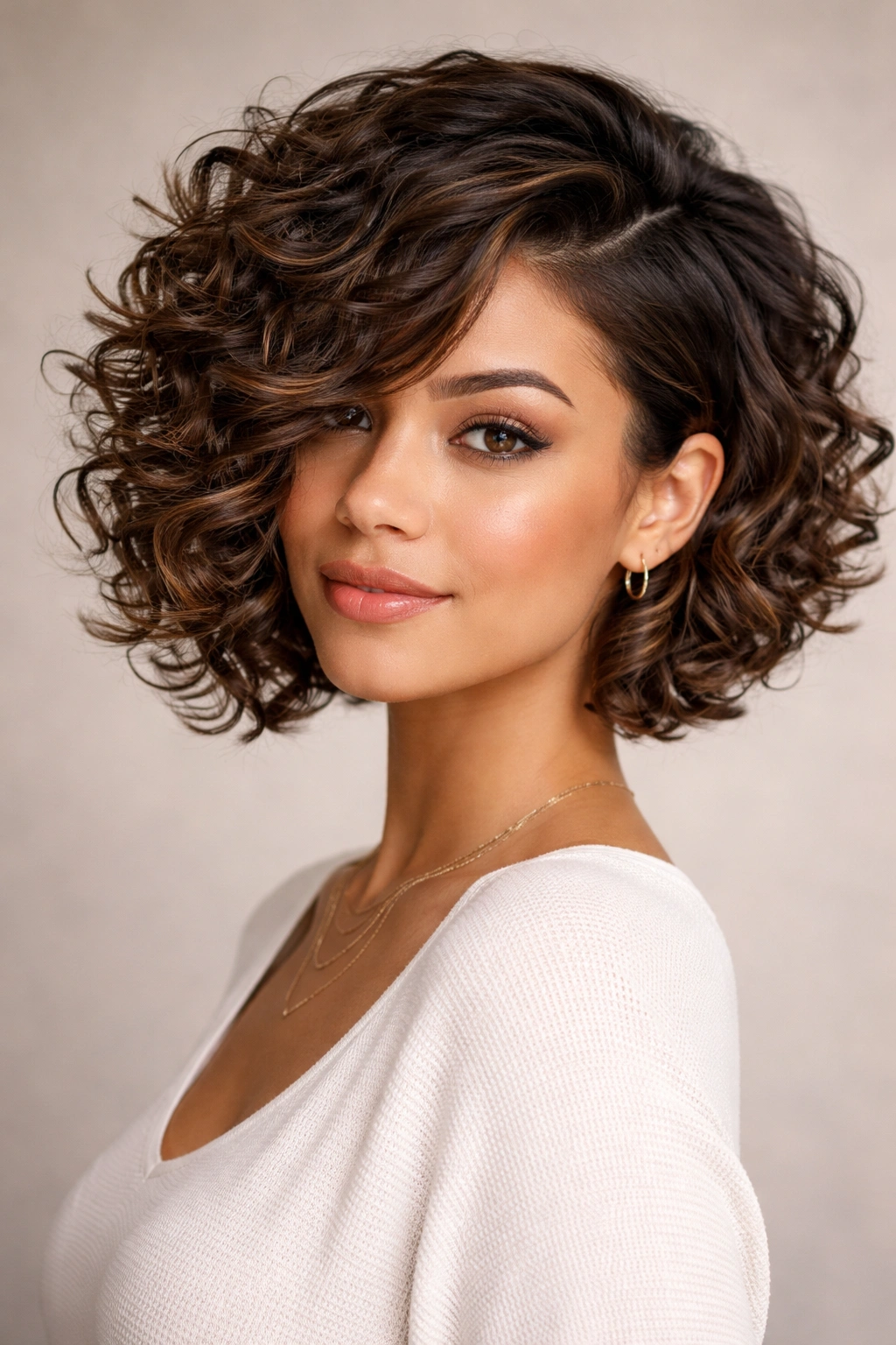 Portrait of side-swept angled bob with dramatic face-framing sweep