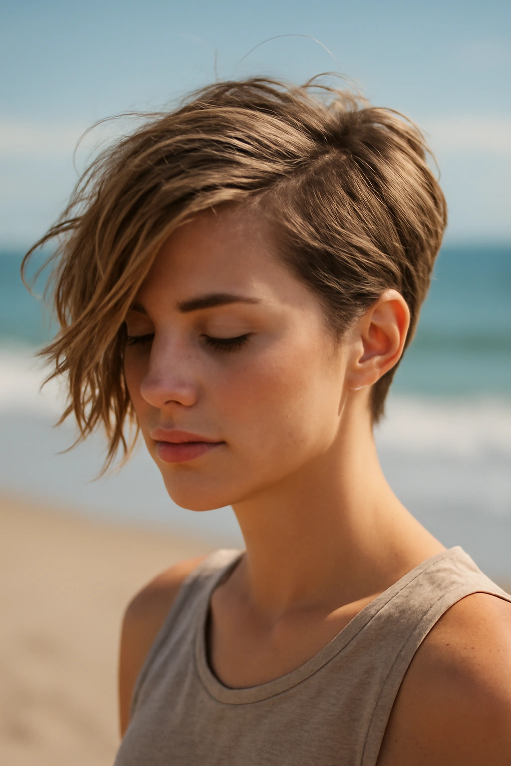 10 Beach Vacation Hairstyles for Short-Haired Women 8 Close-up of side-swept asymmetrical short hairstyle on beach backdrop