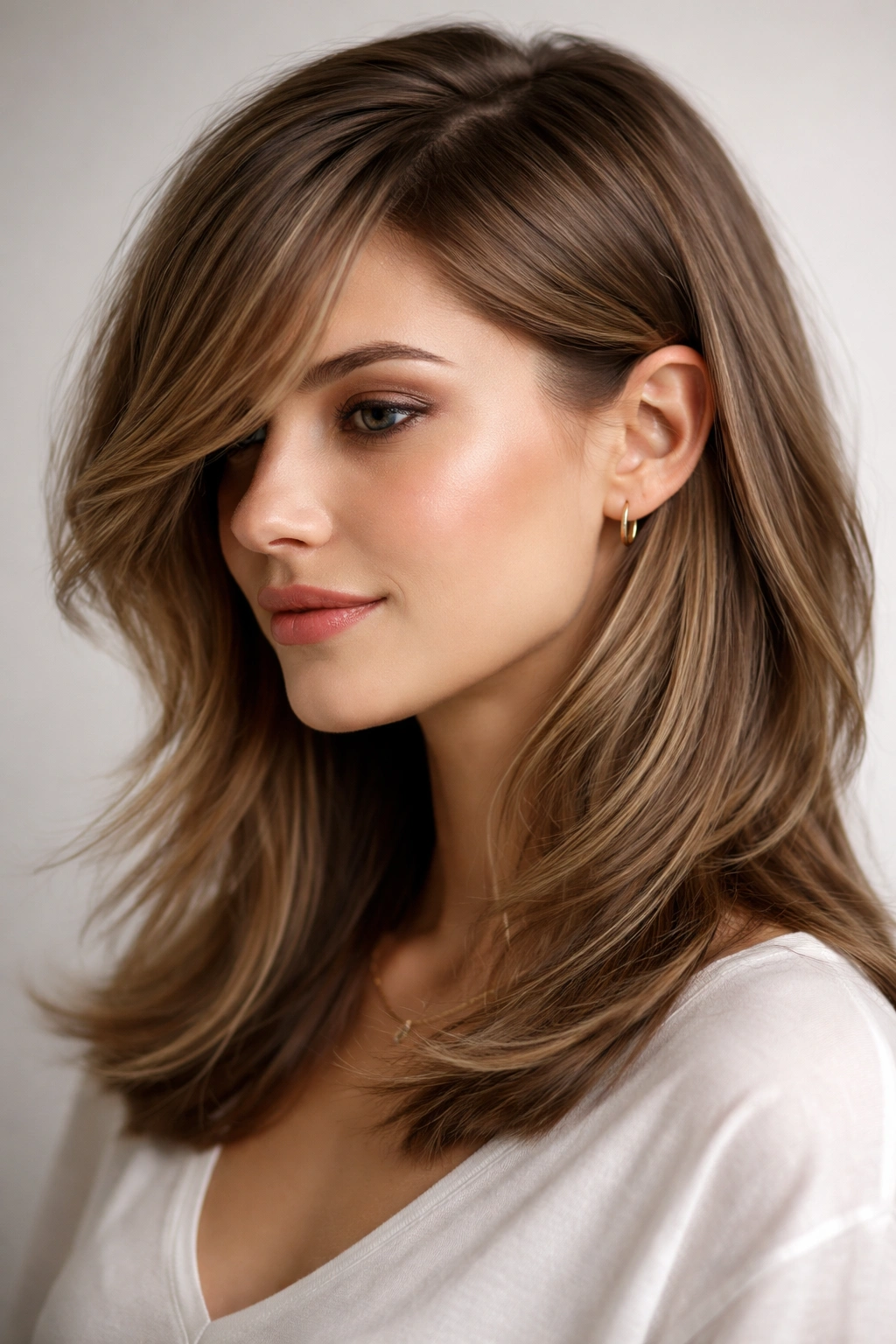 Side-swept baby cut with angled layers sweeping across the face