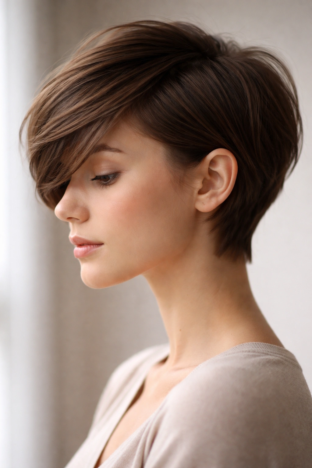 10 Front Baby Cut Styles That Are Everywhere Now 3 Profile view of side-swept baby cut with one side swept across face