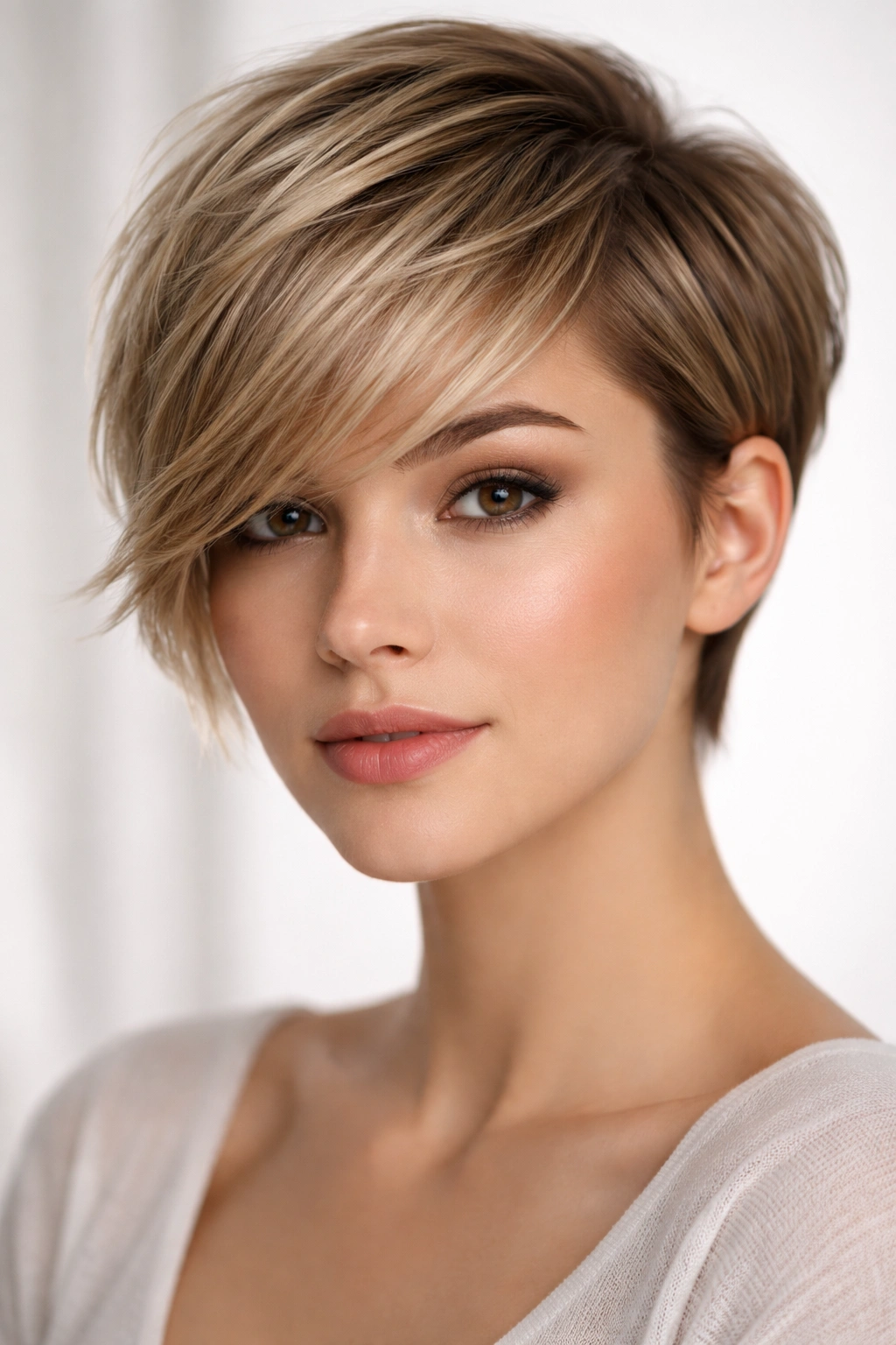 Portrait of a model with side swept bangs and a sculpted short cut.