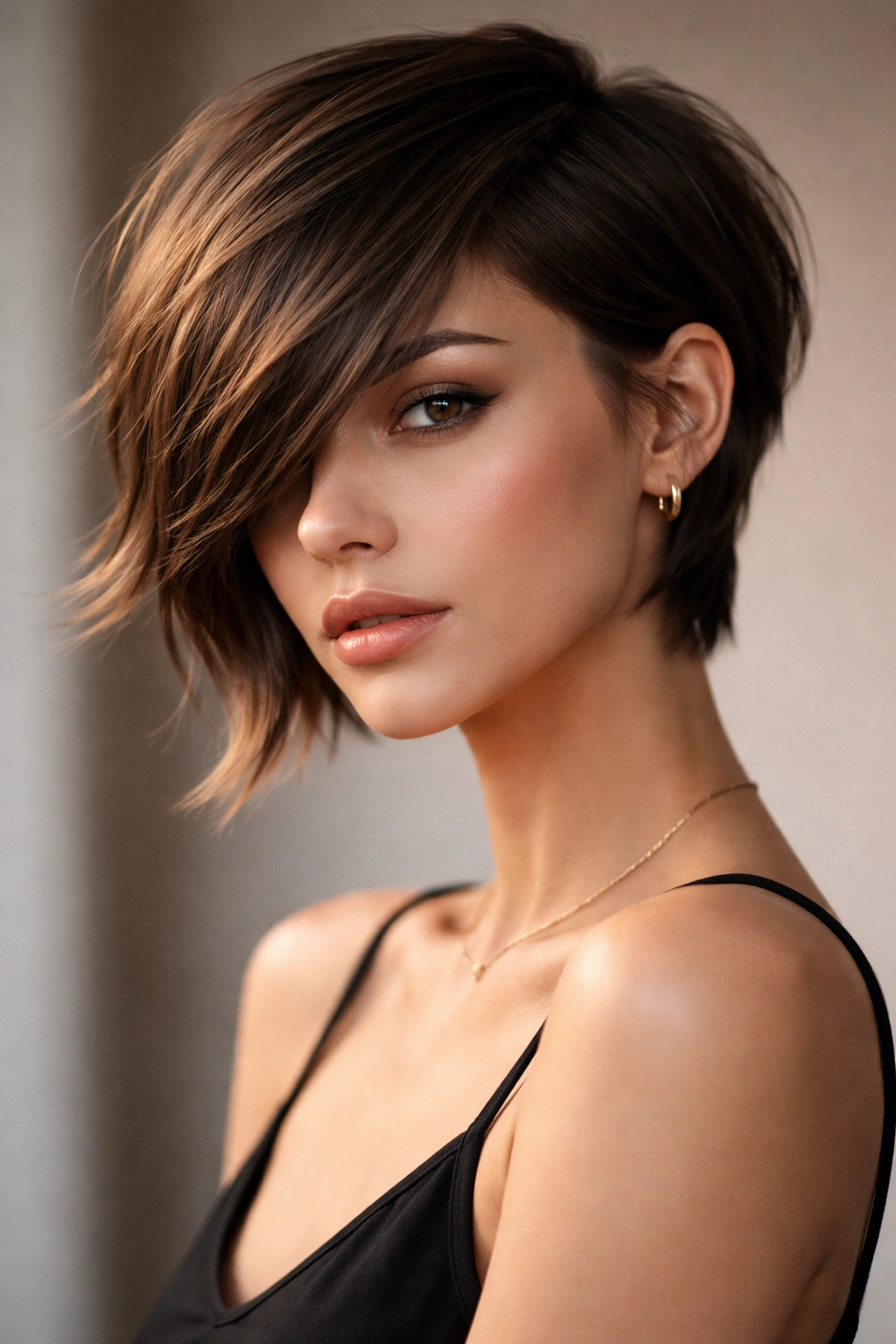Side-swept bangs on a baby cut with asymmetrical length