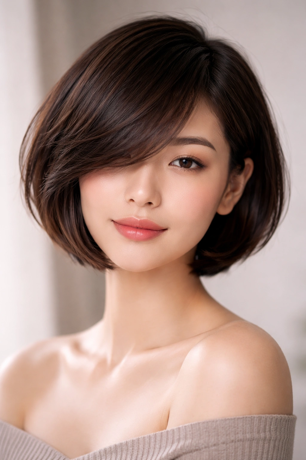 Asian woman with side-swept bangs bob and diagonal bangs across the forehead