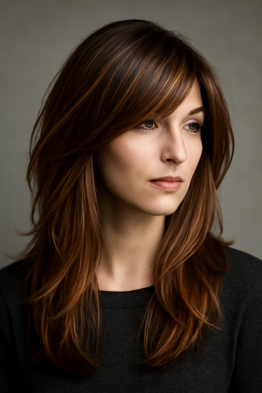 Side-swept bangs with textured layers and caramel highlights hairstyle.