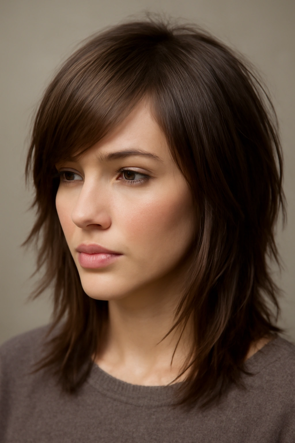 Close-up portrait of side-swept bangs with choppy layers on medium-length hair