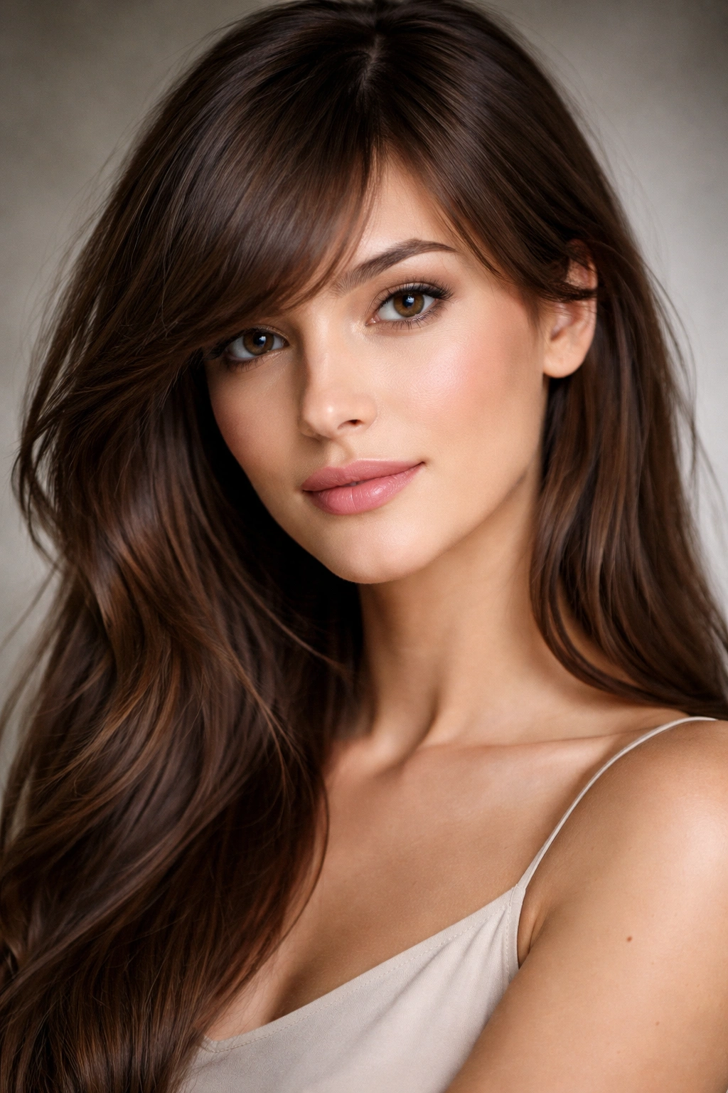 Profile view of side swept bangs with diagonal roll across forehead