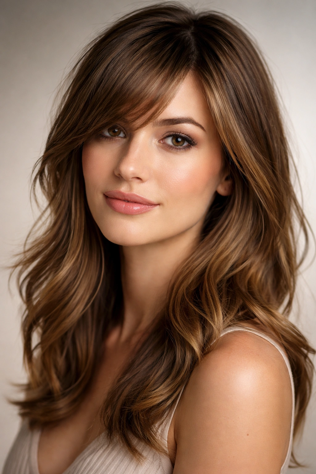 Portrait showing side-swept bangs diagonally across the forehead, longer on one side