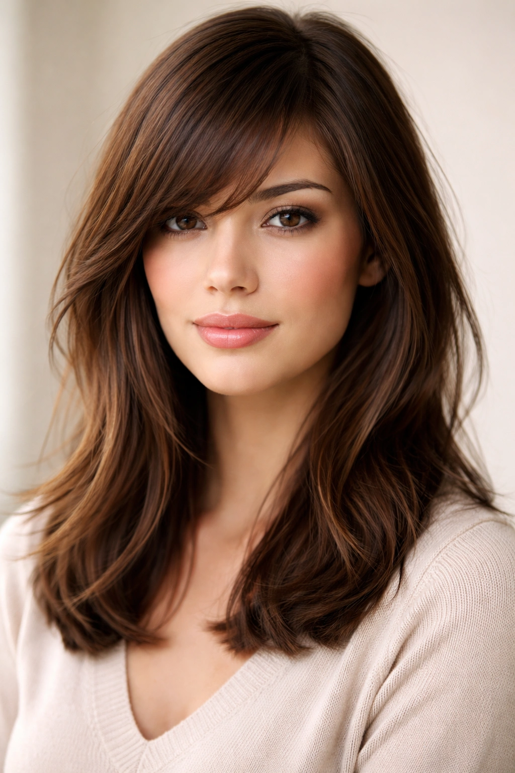 18 Bangs To Try With Medium Length Hair 4 Portrait of side-swept bangs with diagonal fringe and medium-length hair