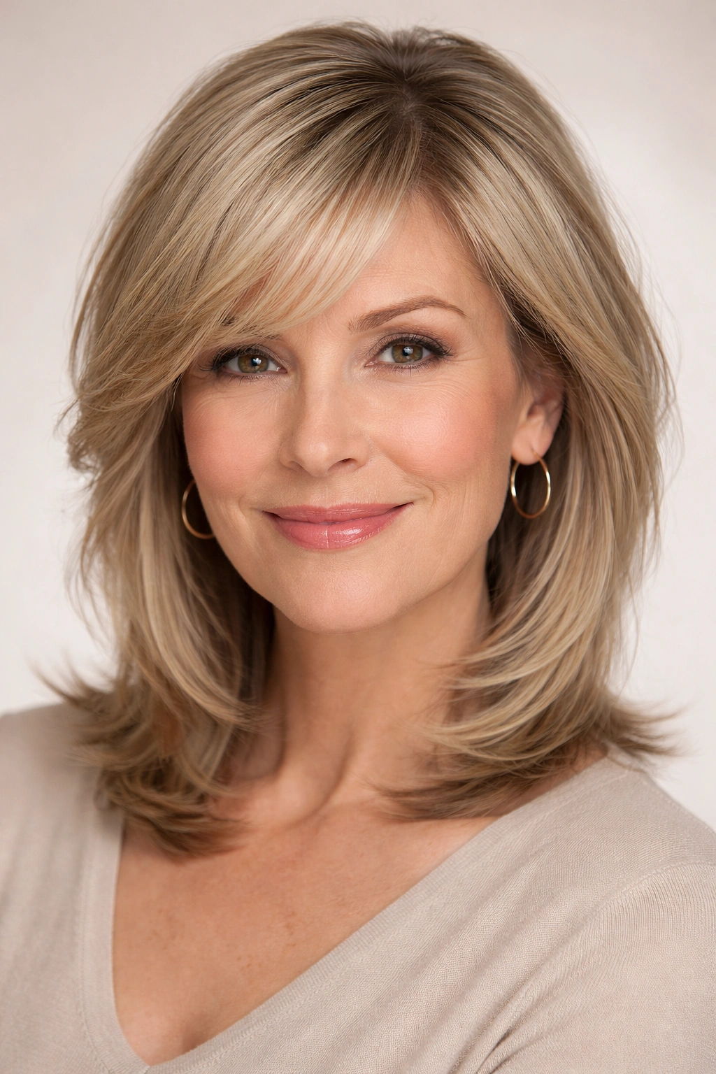 Close-up of side-swept bangs creating the appearance of density in fine hair