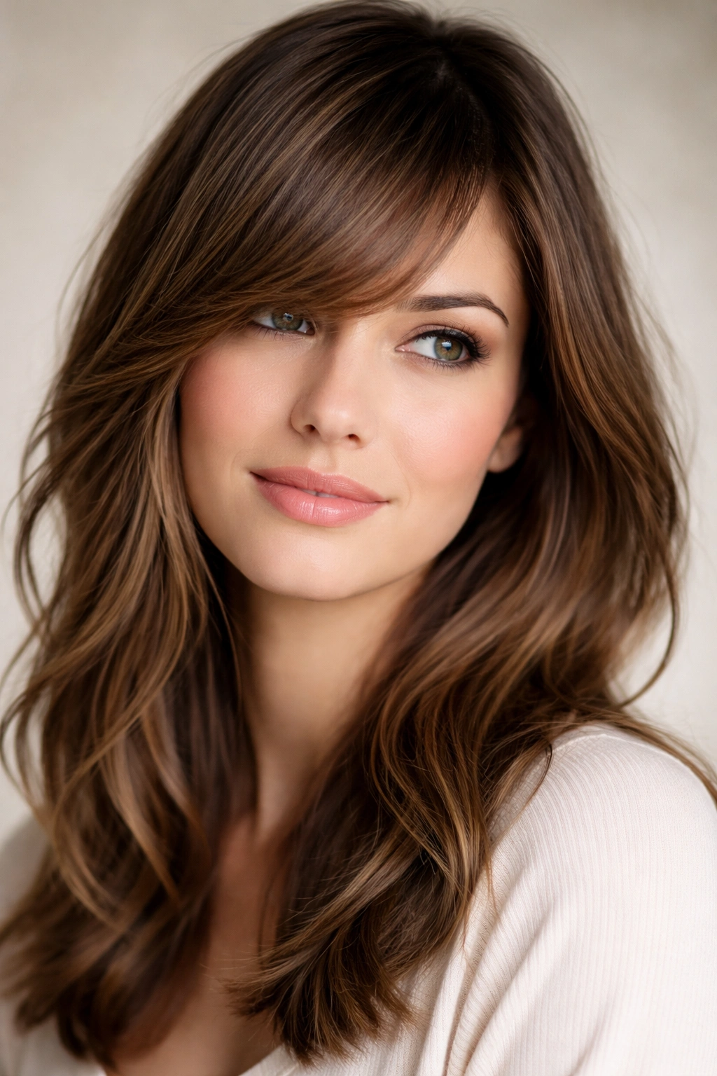Portrait with side-swept bangs framing the face