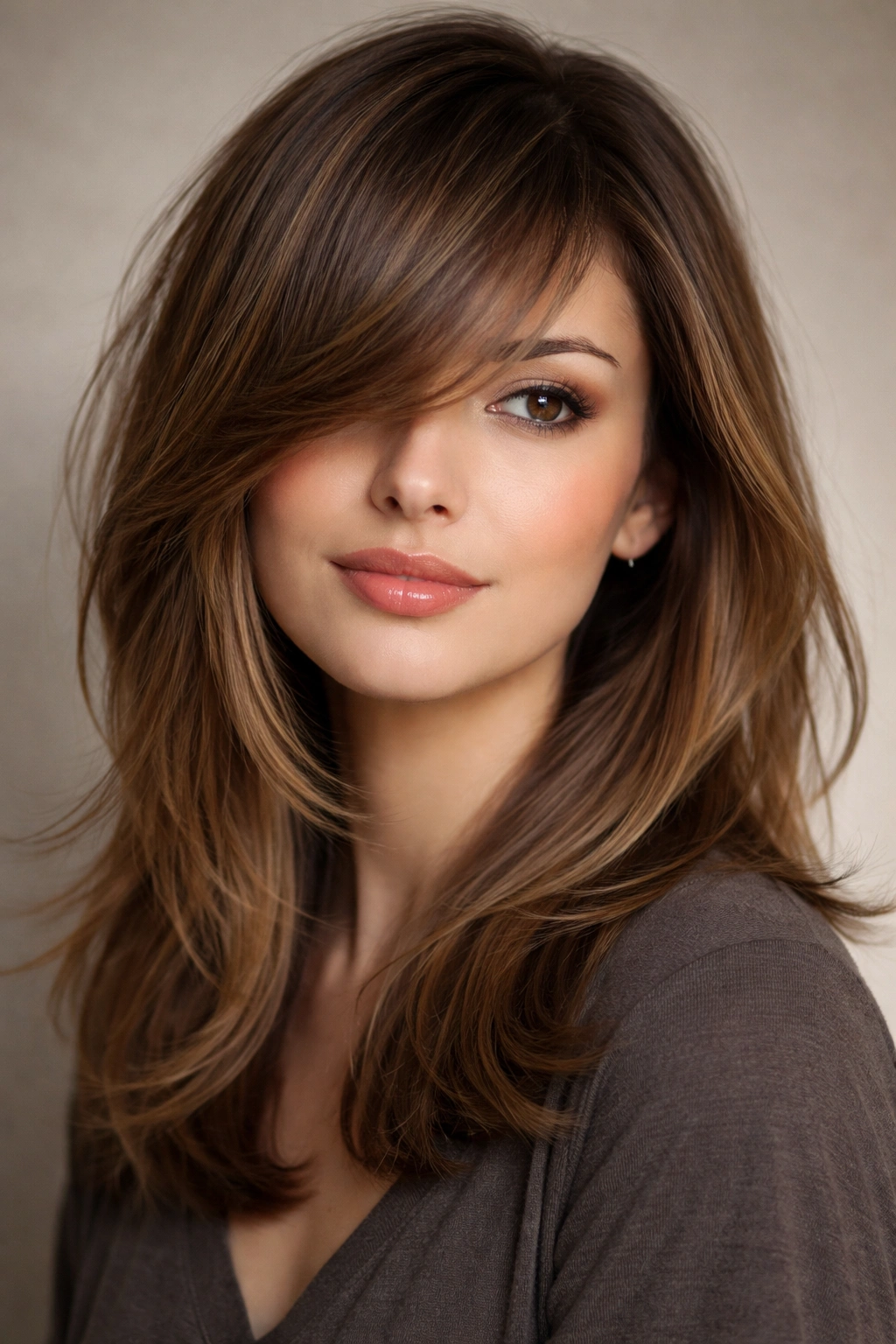 12 Bang Styles For Medium Hair To Try Next 5 Portrait with side swept bangs creating a diagonal face frame