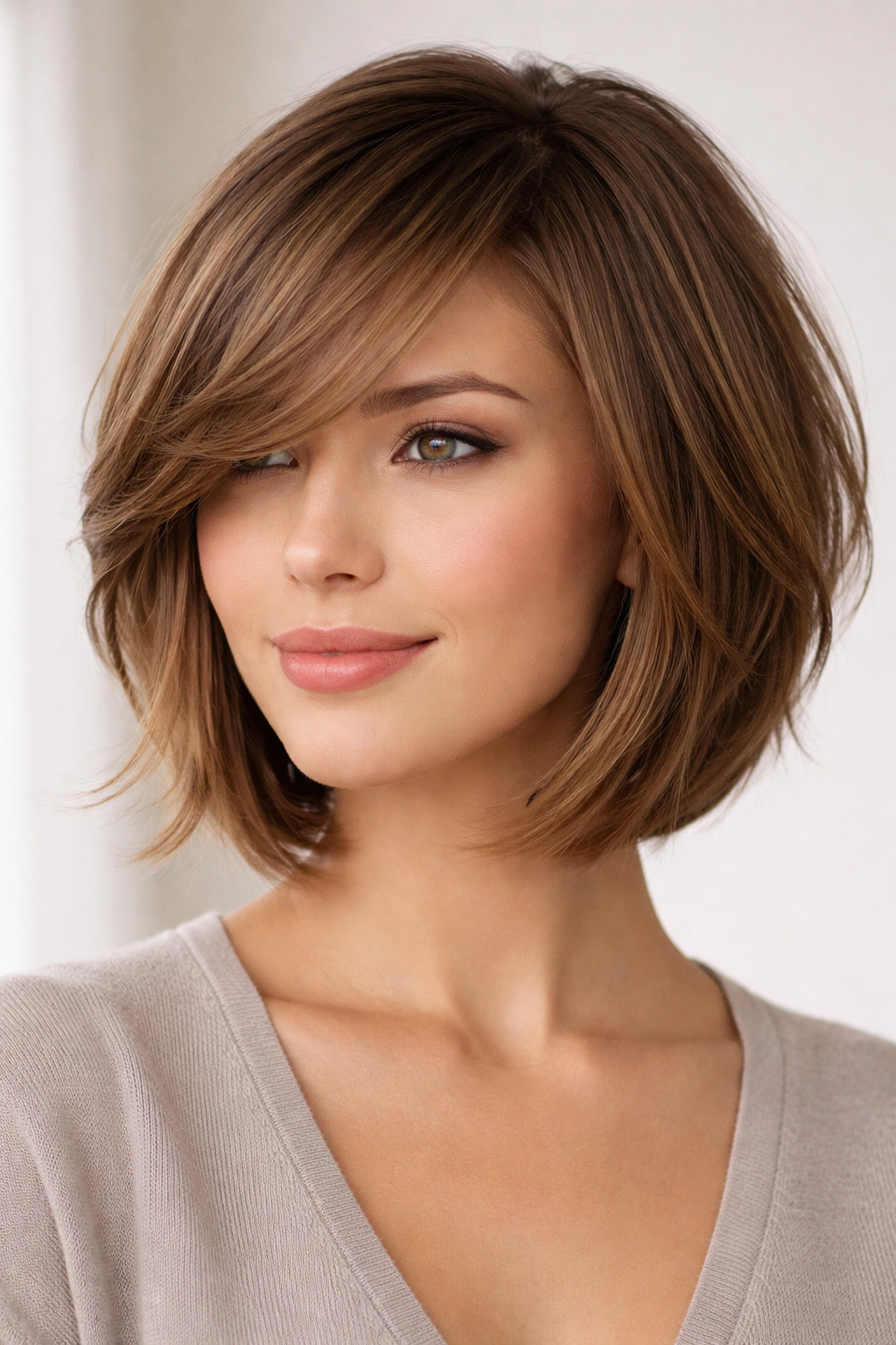 Layered bob with long side-swept bangs sweeping diagonally