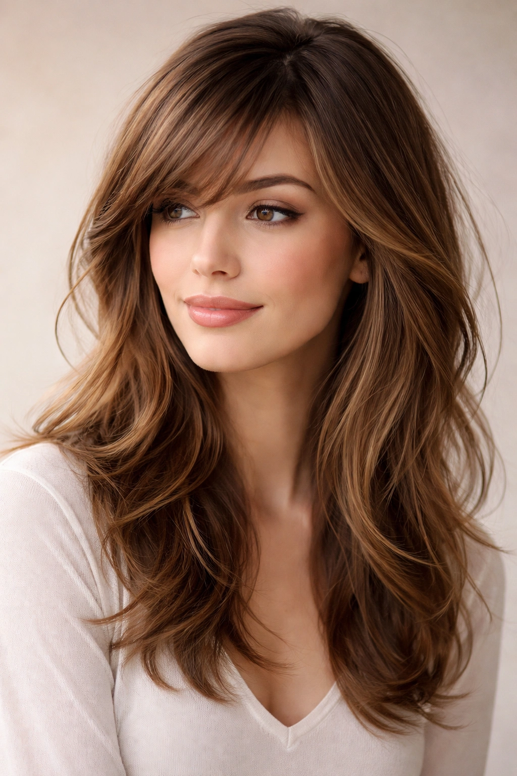 Portrait of side-swept bangs with layers creating an asymmetrical frame